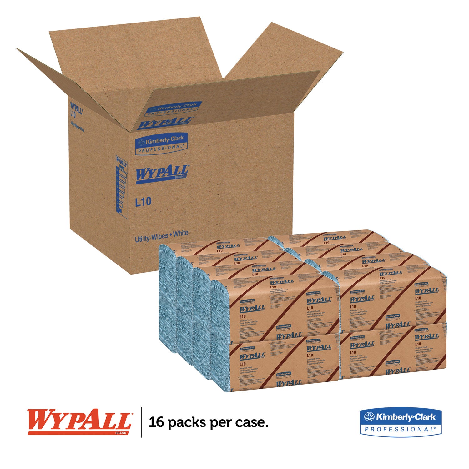 WypAll® L10 Windshield Wipers, Banded, 2-Ply, 9.38 x 10.25, Light Blue, 140/Pack, 16 Packs/Carton