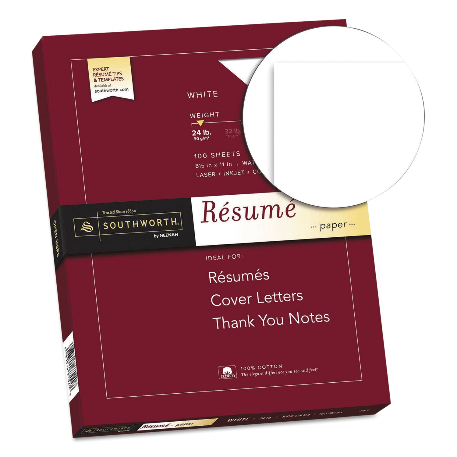 Southworth® 100% Cotton Resume Paper, 95 Bright, 24 lb Bond Weight, 8.5 x 11, White, 100/Pack