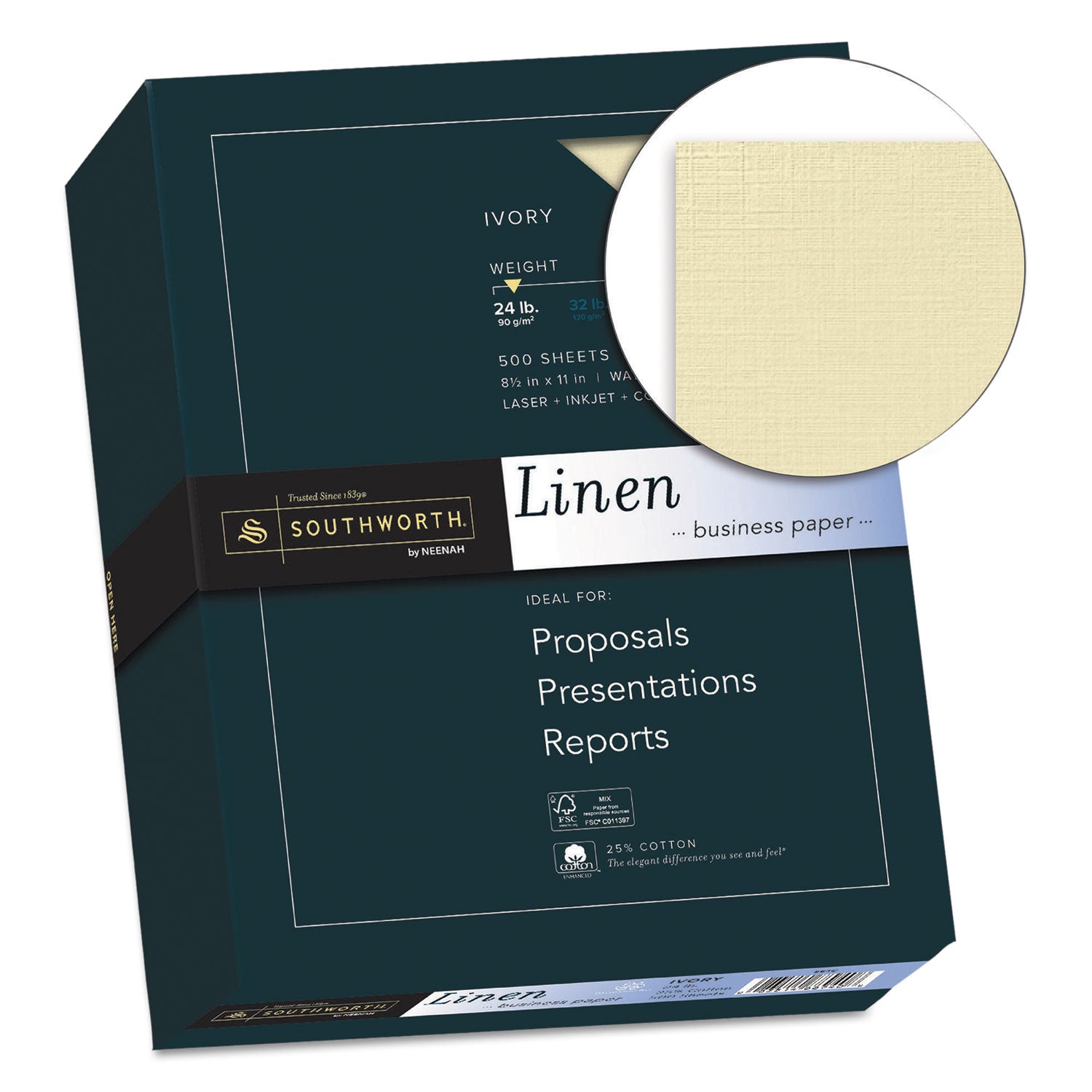 Southworth® 25% Cotton Linen Business Paper, 24 lb Bond Weight, 8.5 x 11, Ivory, 500/Ream