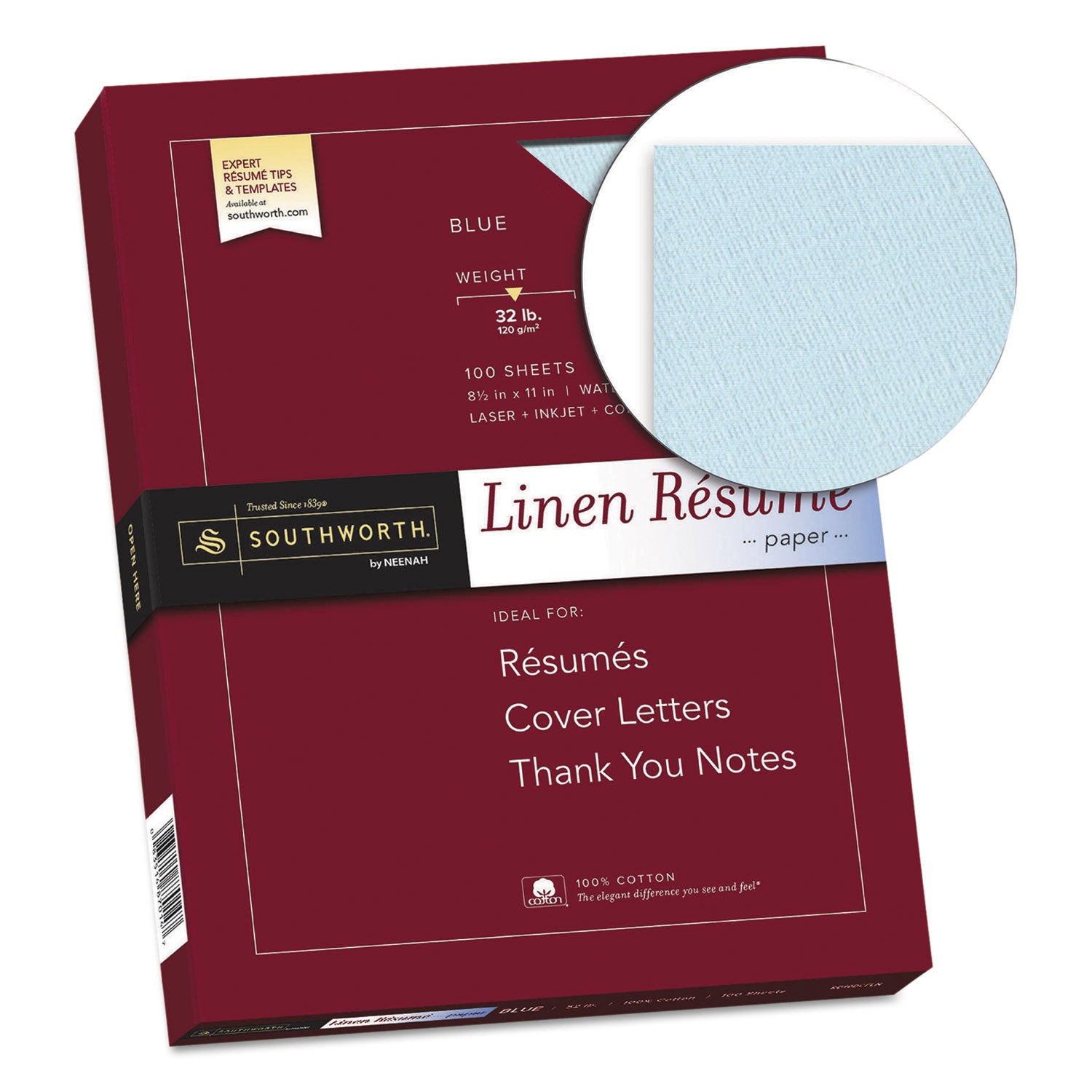 Southworth® 100% Cotton Premium Weight Linen Resume Paper, 32 lb Bond Weight, 8.5 x 11, Blue, 100/Pack