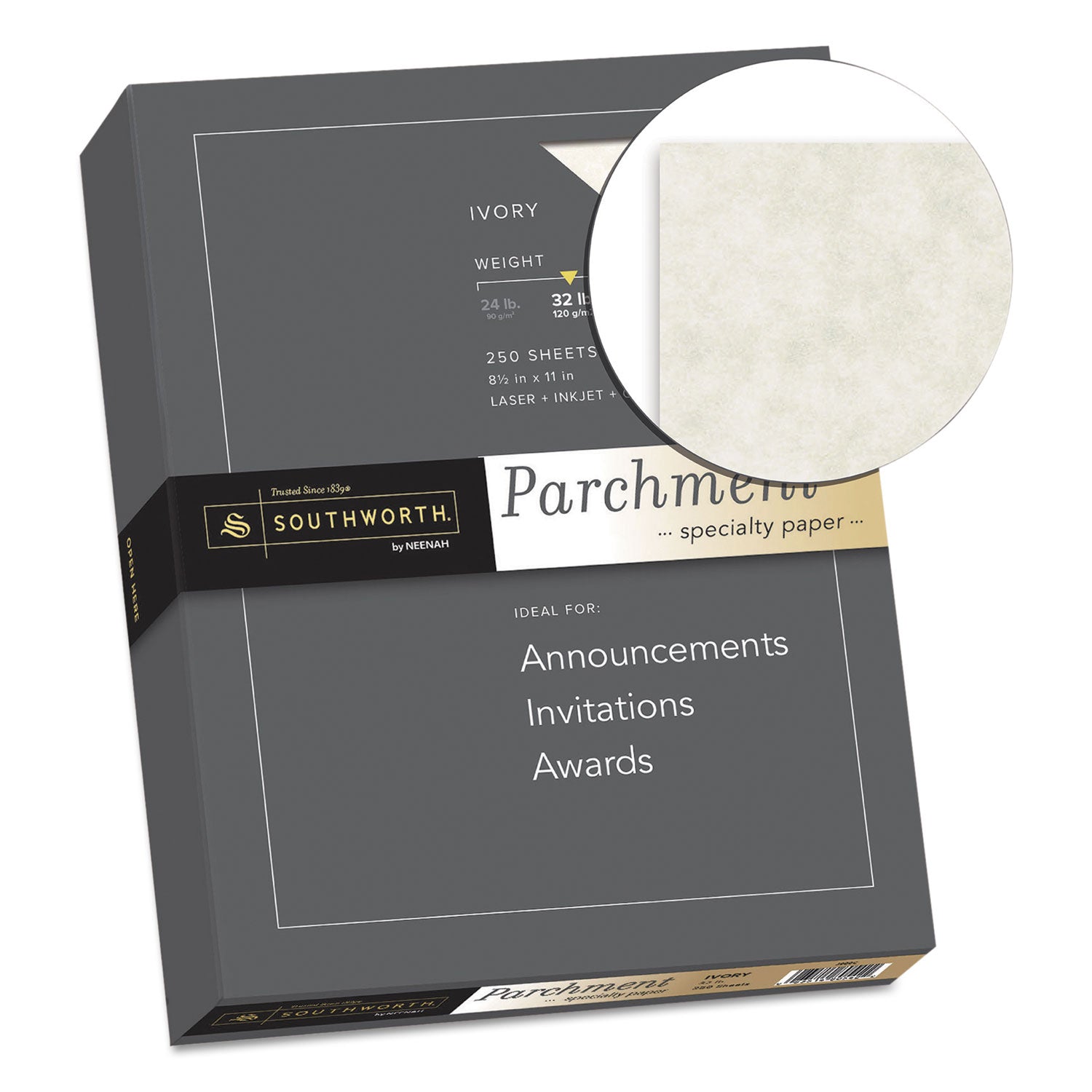 Southworth® Parchment Specialty Paper, 32 lb Bond Weight, 8.5 x 11, Ivory, 250/Pack