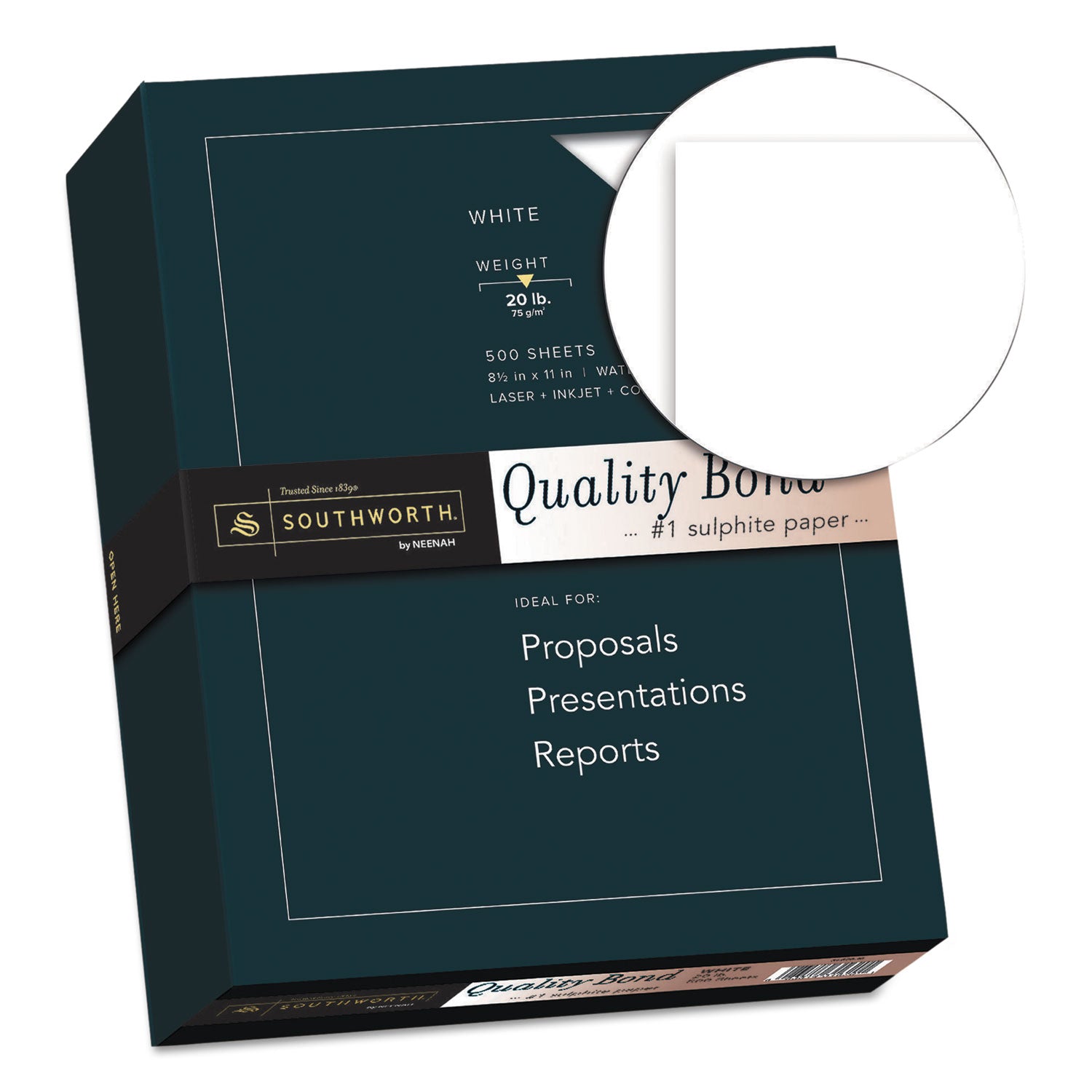Southworth® Quality Bond Business Paper, 95 Bright, 20 lb Bond Weight, 8.5 x 11, White, 500/Ream