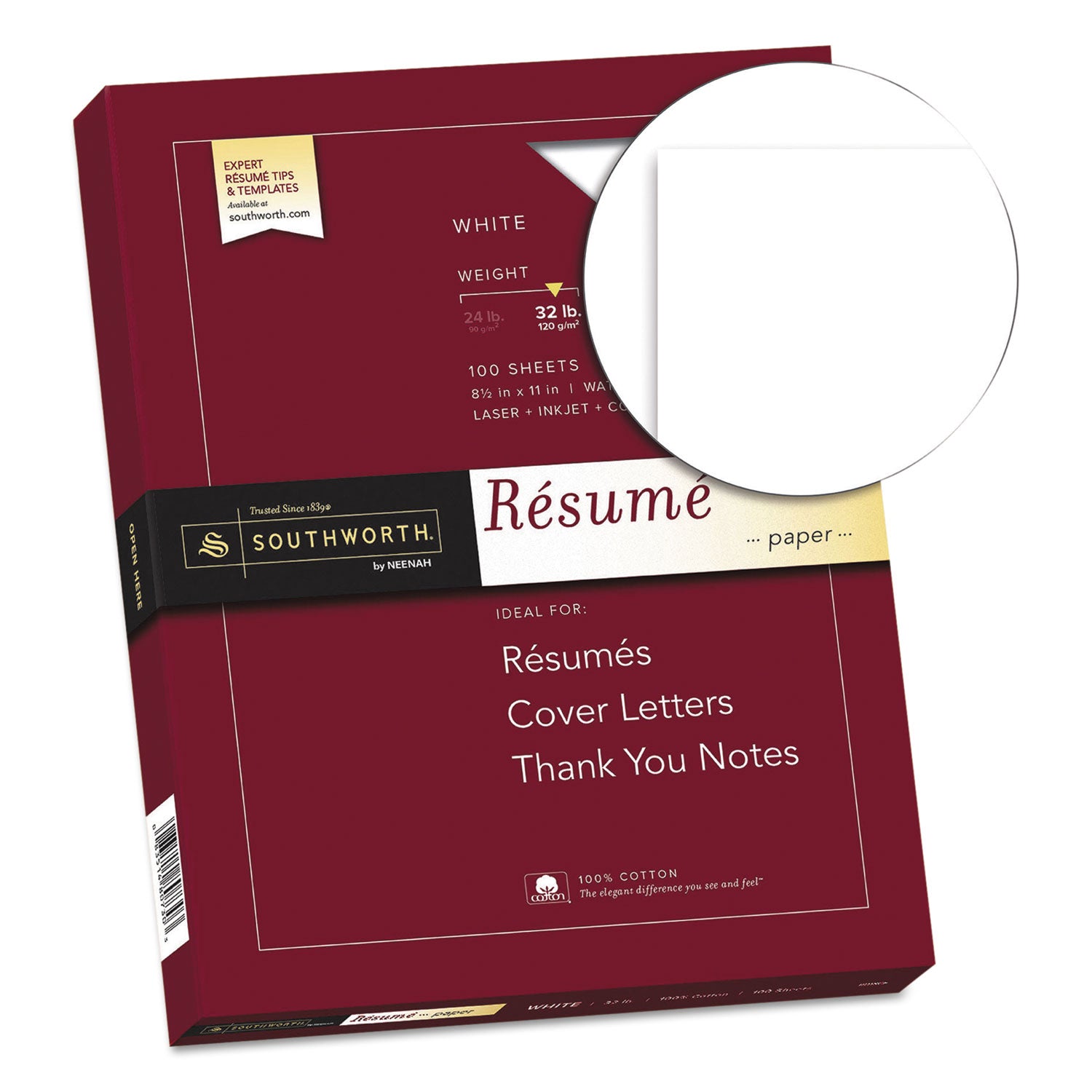 Southworth® 100% Cotton Resume Paper, 95 Bright, 32 lb Bond Weight, 8.5 x 11, White, 100/Pack
