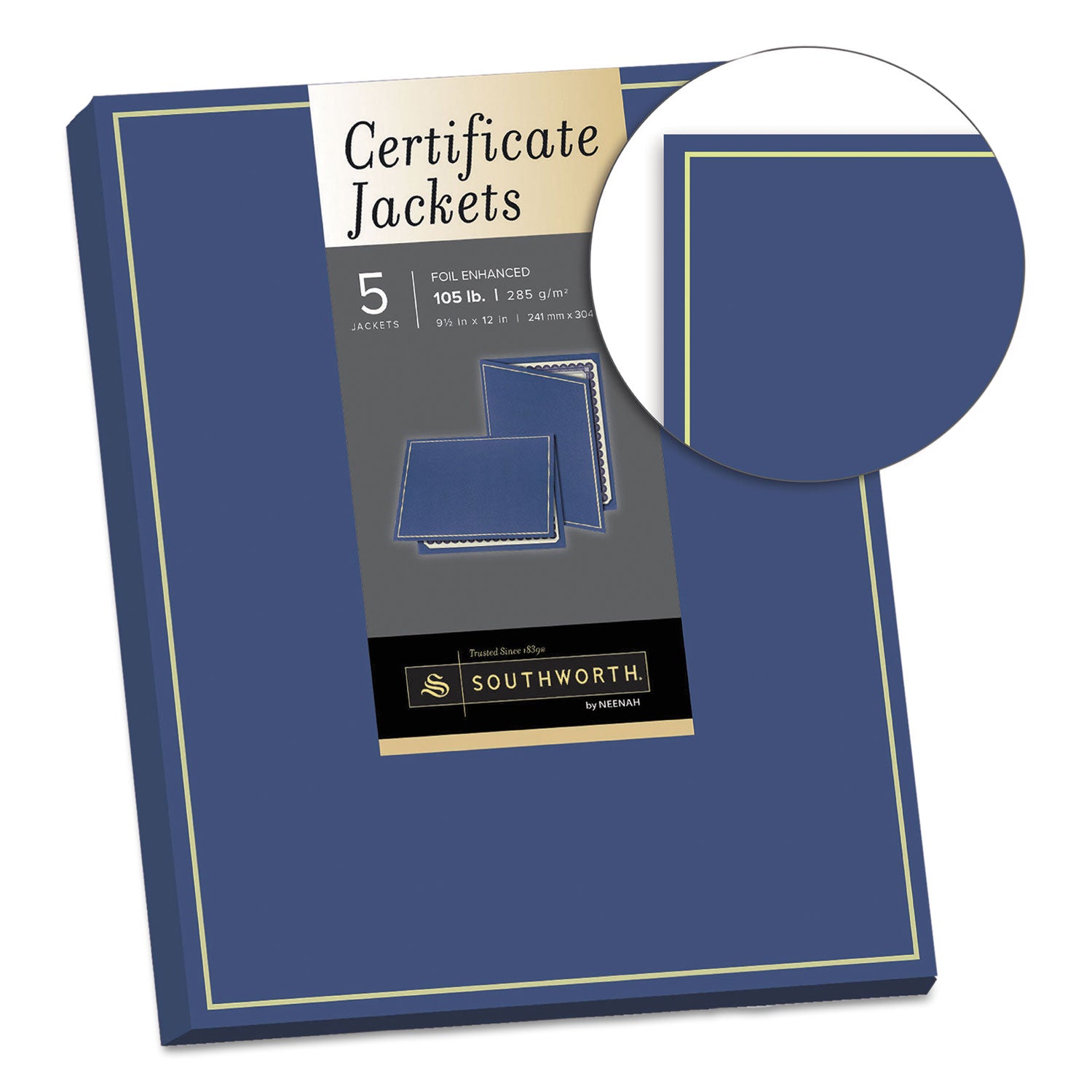 Southworth® Certificate Jacket, Navy/Gold Border, 88-lb Felt Finish Stock, 12 x 9.5, 5/Pack