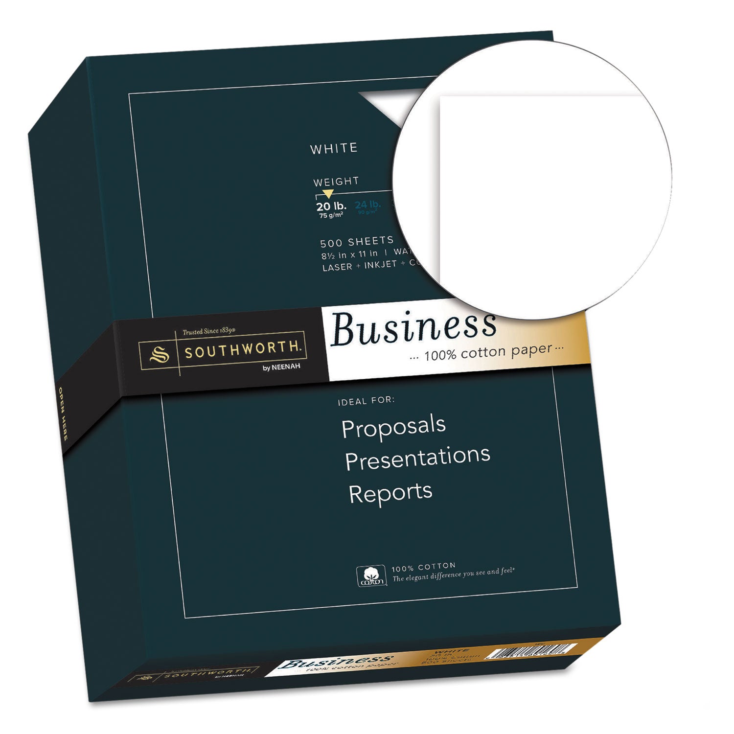 Southworth® 100% Cotton Business Paper, 95 Bright, 20 lb Bond Weight, 8.5 x 11, White, 500/Ream