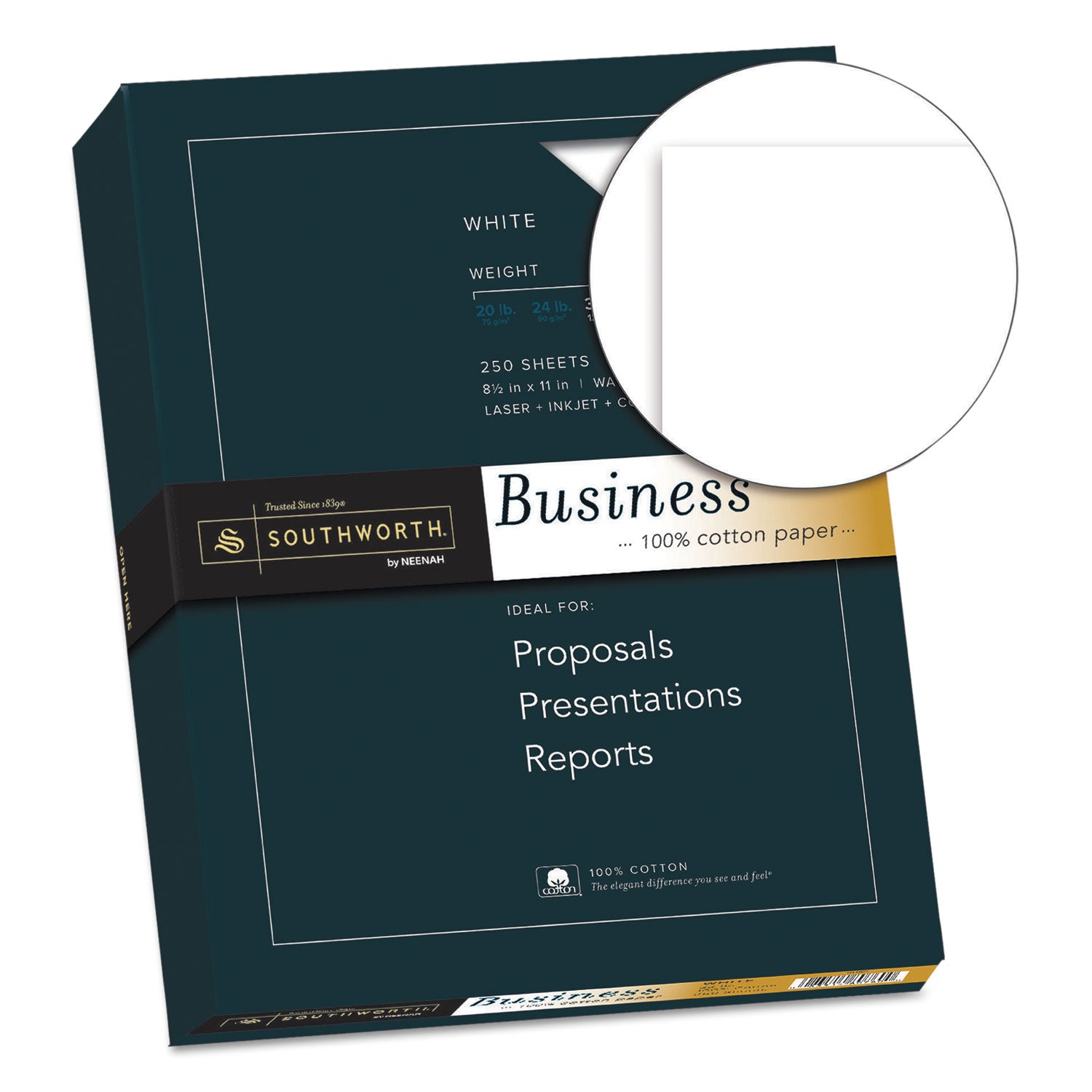 Southworth® 100% Cotton Business Paper, 95 Bright, 32 lb Bond Weight, 8.5 x 11, White, 250/Pack