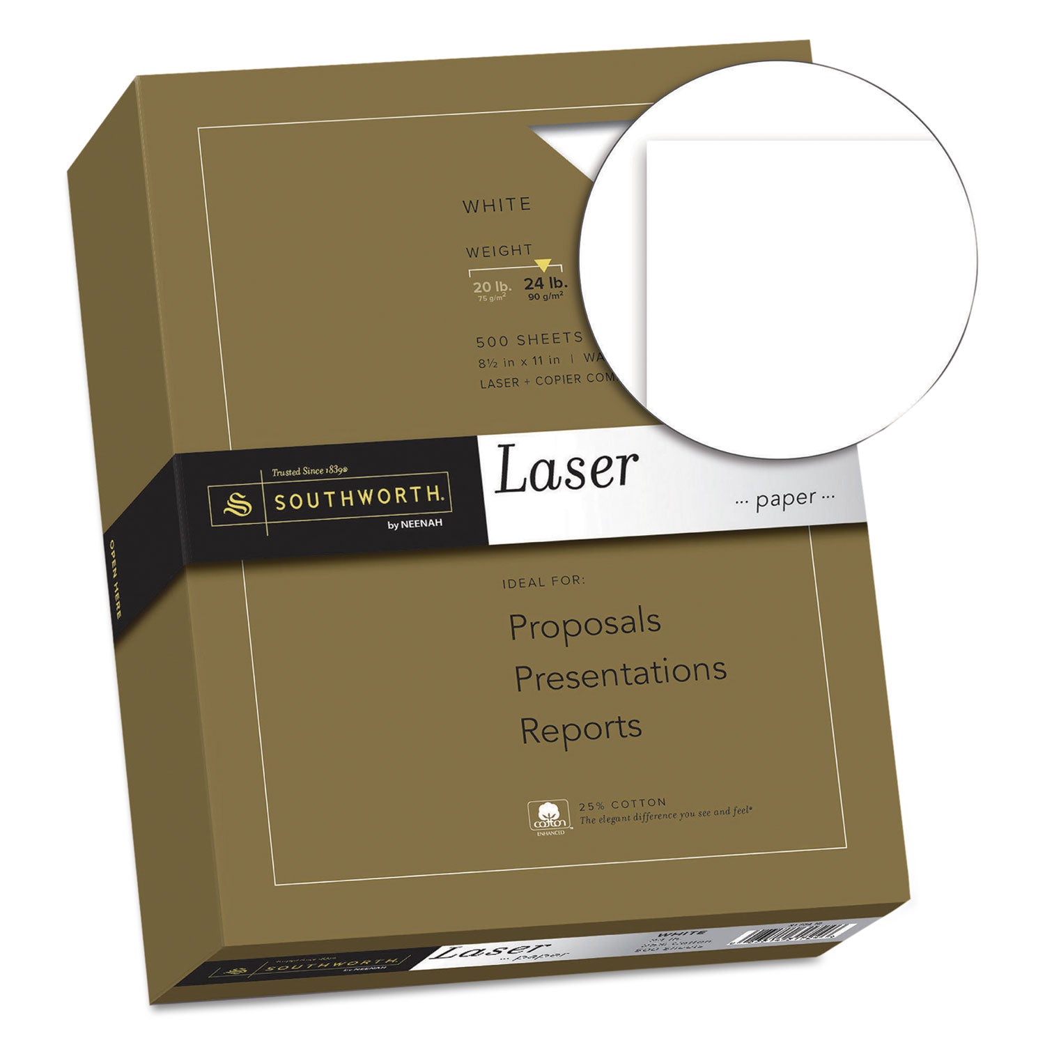Southworth® 25% Cotton Laser Paper, 95 Bright, 24 lb Bond Weight, 8.5 x 11, White, 500/Ream