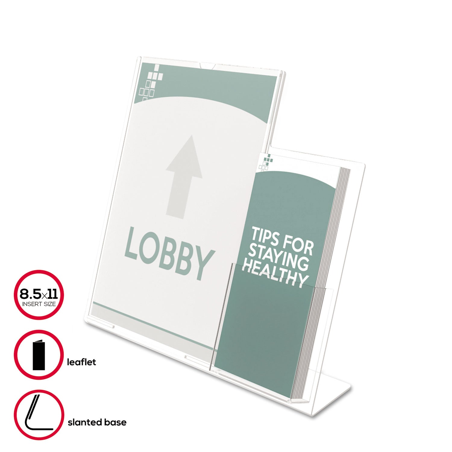 deflecto® Superior Image Slanted Sign Holder With Side Pocket, 13.5w X 4.25d X 10.88h, Clear