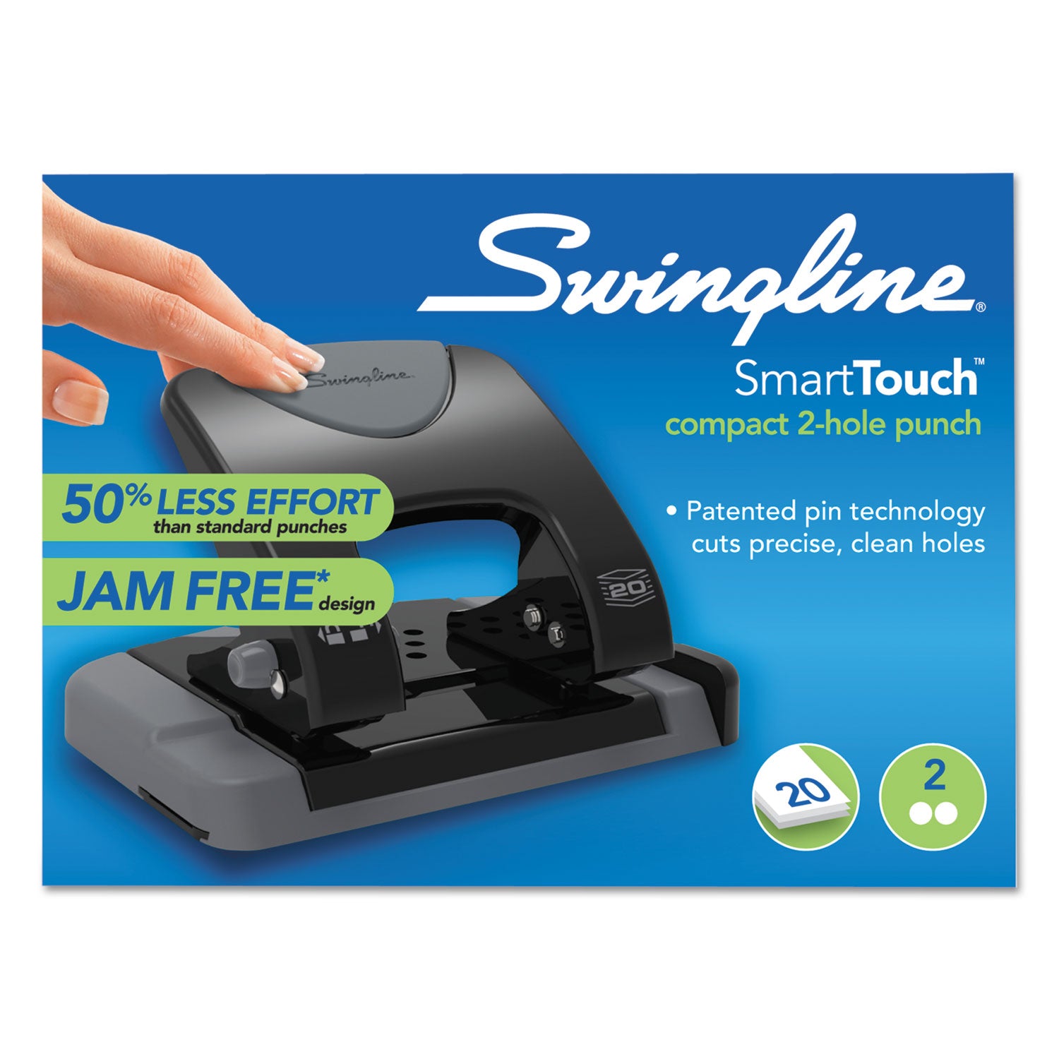 Swingline® 20-Sheet Smarttouch Two-Hole Punch, 9/32" Holes, Black/gray