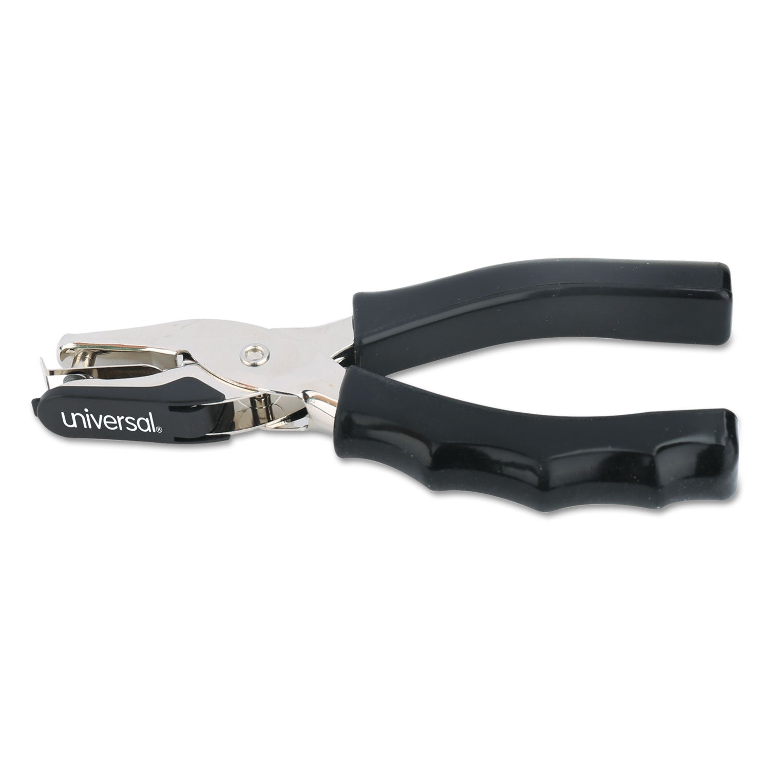 Universal® Eight-Sheet Handheld One-Hole Punch, 1/4" Holes, Metal With Rubber Grip, Black