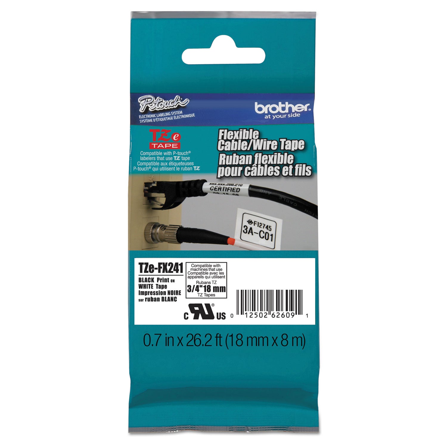 TZe Flexible Tape Cartridge for P-Touch Labelers, 0.7" x 26.2 ft, Black on White