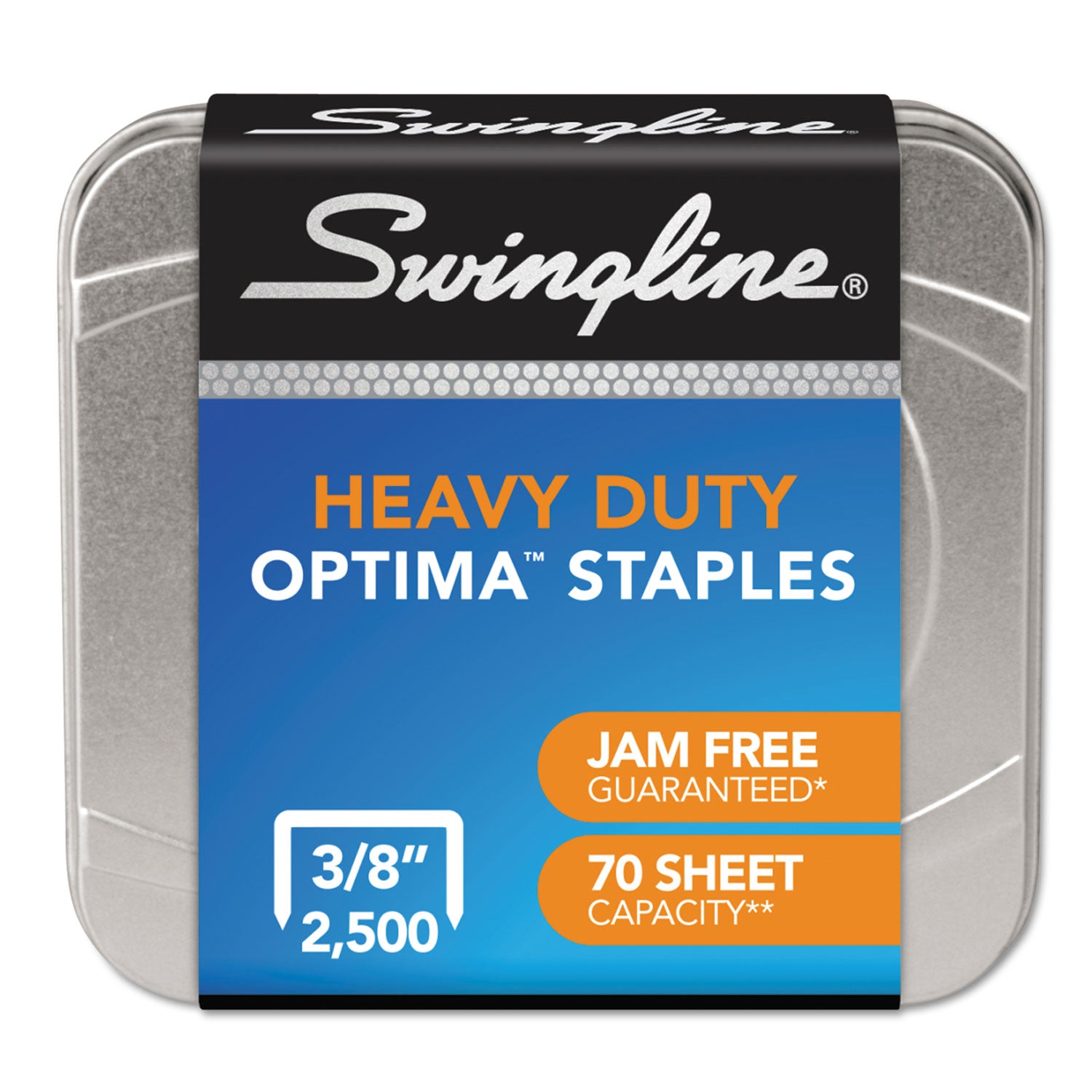 Swingline® Optima High-Capacity Staples, 0.38" Leg, 0.5" Crown, Steel, 125/Strip, 20 Strips/Box