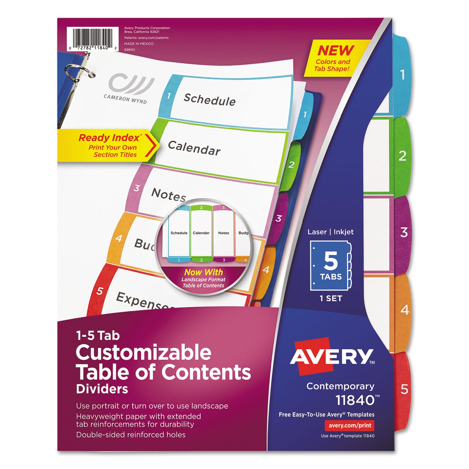 Customizable TOC Ready Index Multicolor Tab Dividers, 5-Tab, 1 to 5, 11 x 8.5, White, Contemporary Color Tabs, 1 Set