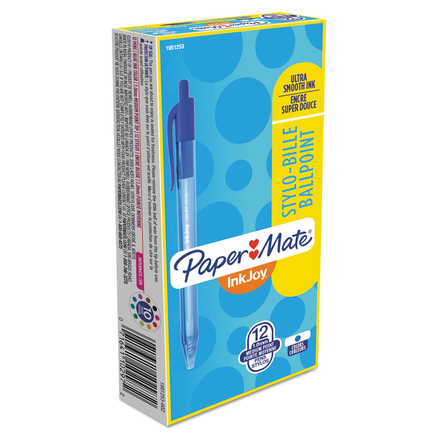 Paper Mate® InkJoy 100 RT Ballpoint Pen, Retractable, Medium 1 mm, Blue Ink, Translucent Blue Barrel, Dozen