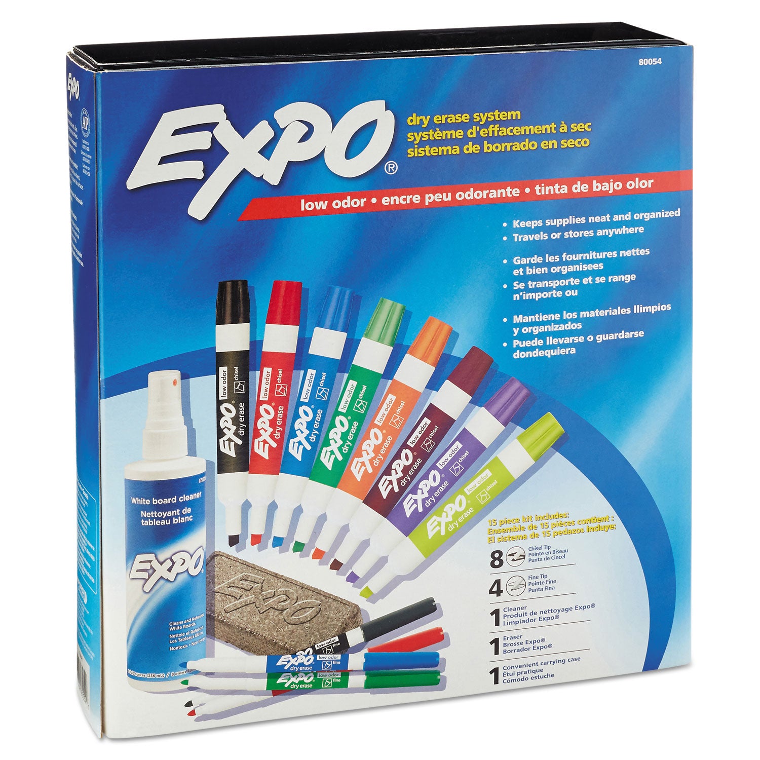 EXPO® Low-Odor Dry Erase Marker, Eraser and Cleaner Kit, Medium Assorted Tips, Assorted Colors, 12/Set