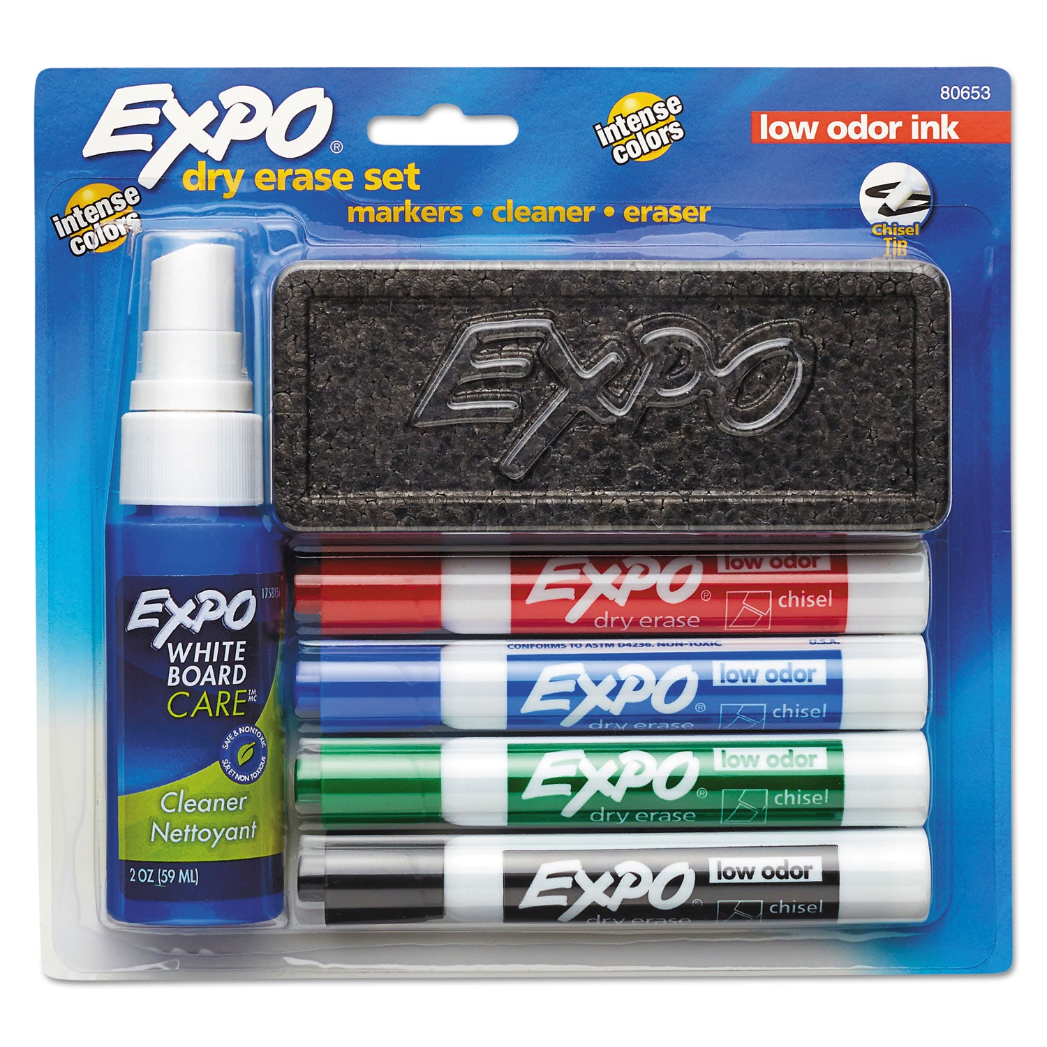 EXPO® Low-Odor Dry Erase Marker Starter Set, Broad Chisel Tip, Assorted Colors, 4/Set