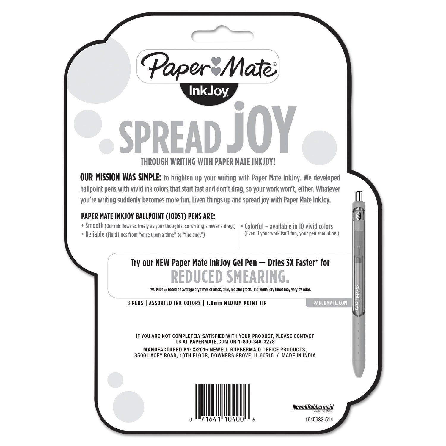 Paper Mate® InkJoy 100 Ballpoint Pen, Stick, Medium 1 mm, Assorted Ink and Barrel Colors, 8/Pack