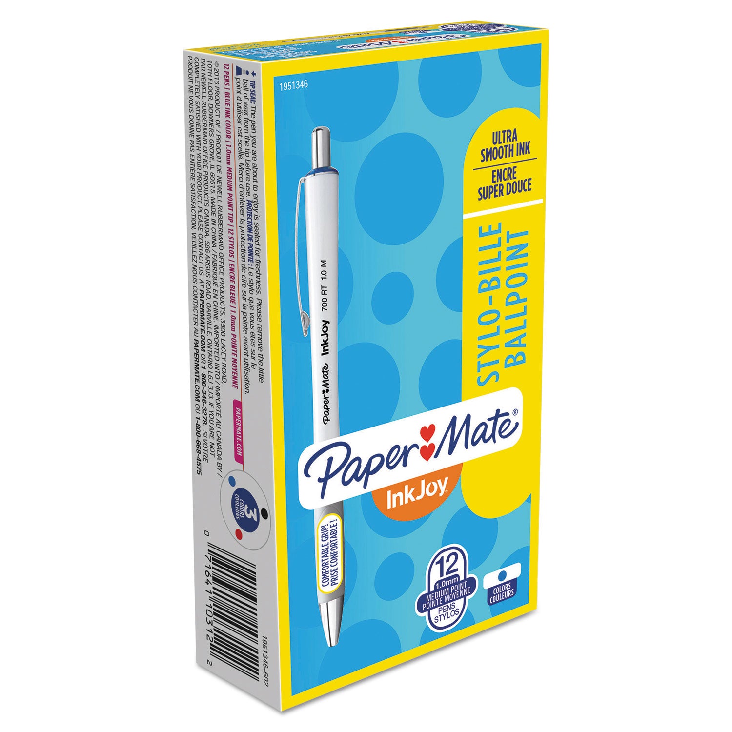 Paper Mate® InkJoy 700 RT Ballpoint Pen, Retractable, Medium 1 mm, Blue Ink, White/Gray Barrel, Dozen