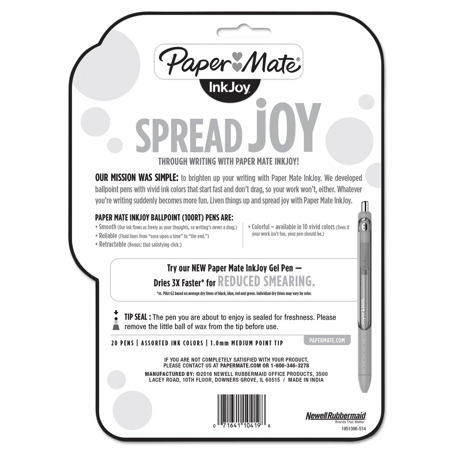 Paper Mate® InkJoy 100 RT Ballpoint Pen, Retractable, Medium 1 mm, Assorted Ink and Barrel Colors, 20/Pack