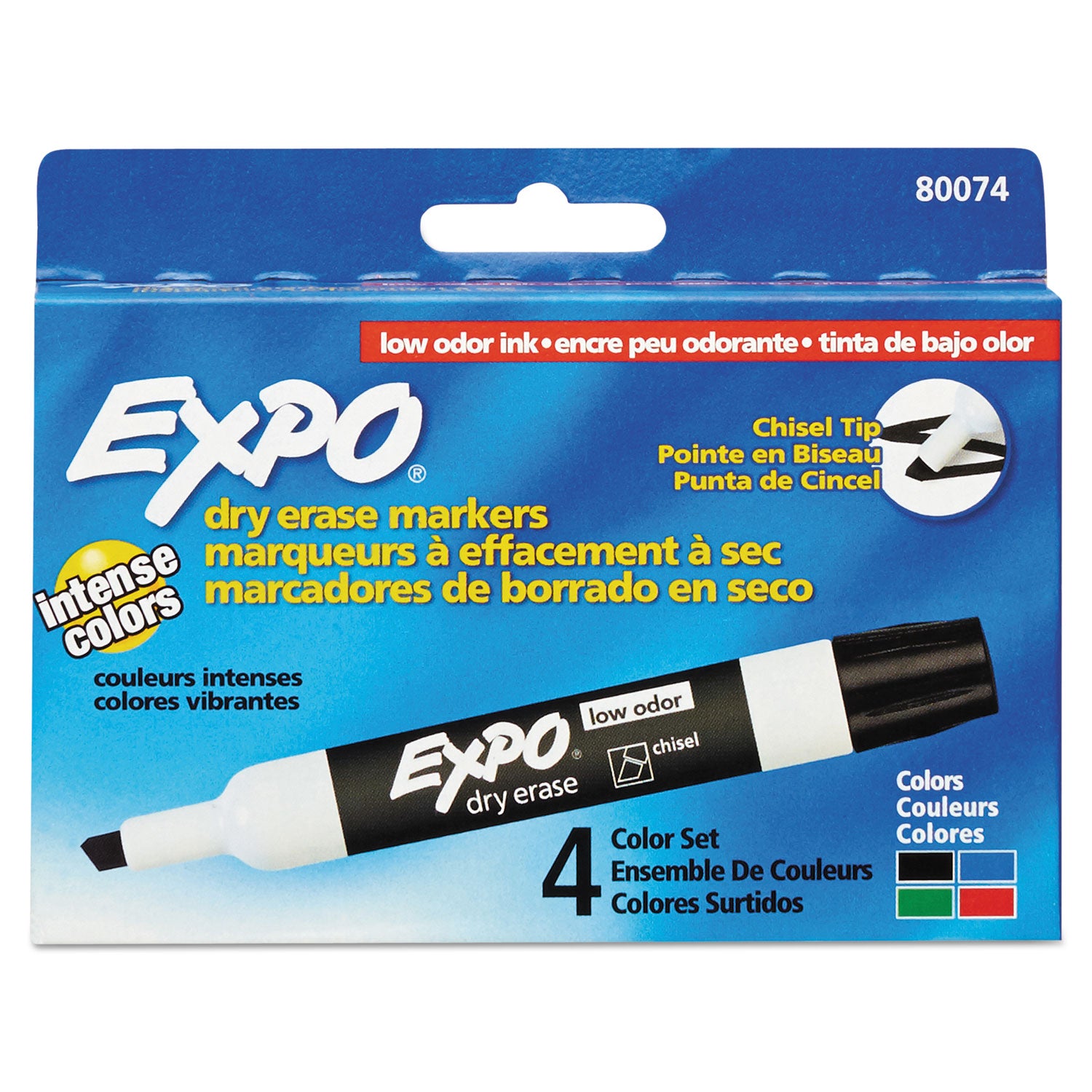 EXPO® Low-Odor Dry-Erase Marker, Broad Chisel Tip, Assorted Colors, 4/Set