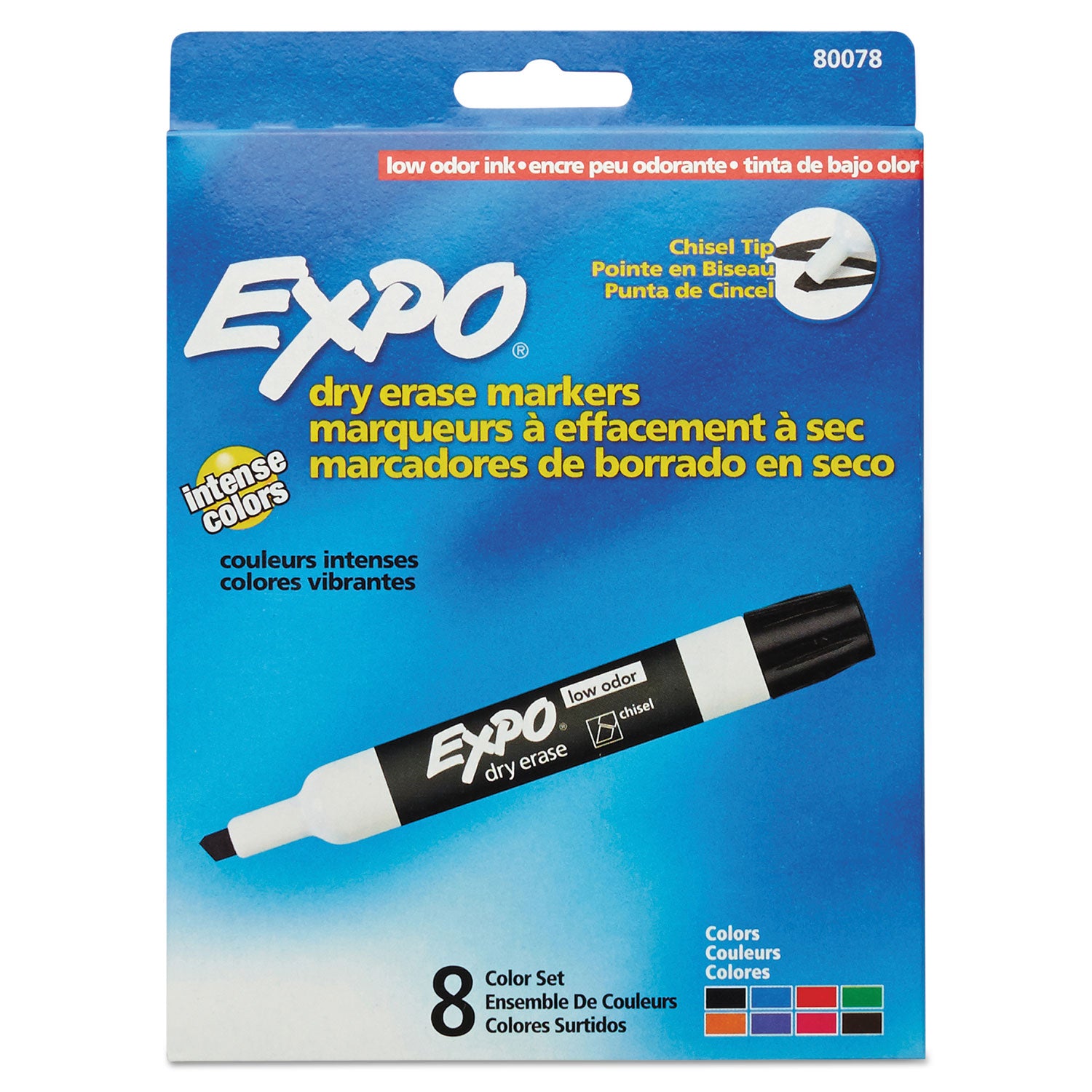 EXPO® Low-Odor Dry-Erase Marker, Broad Chisel Tip, Assorted Colors, 8/Set