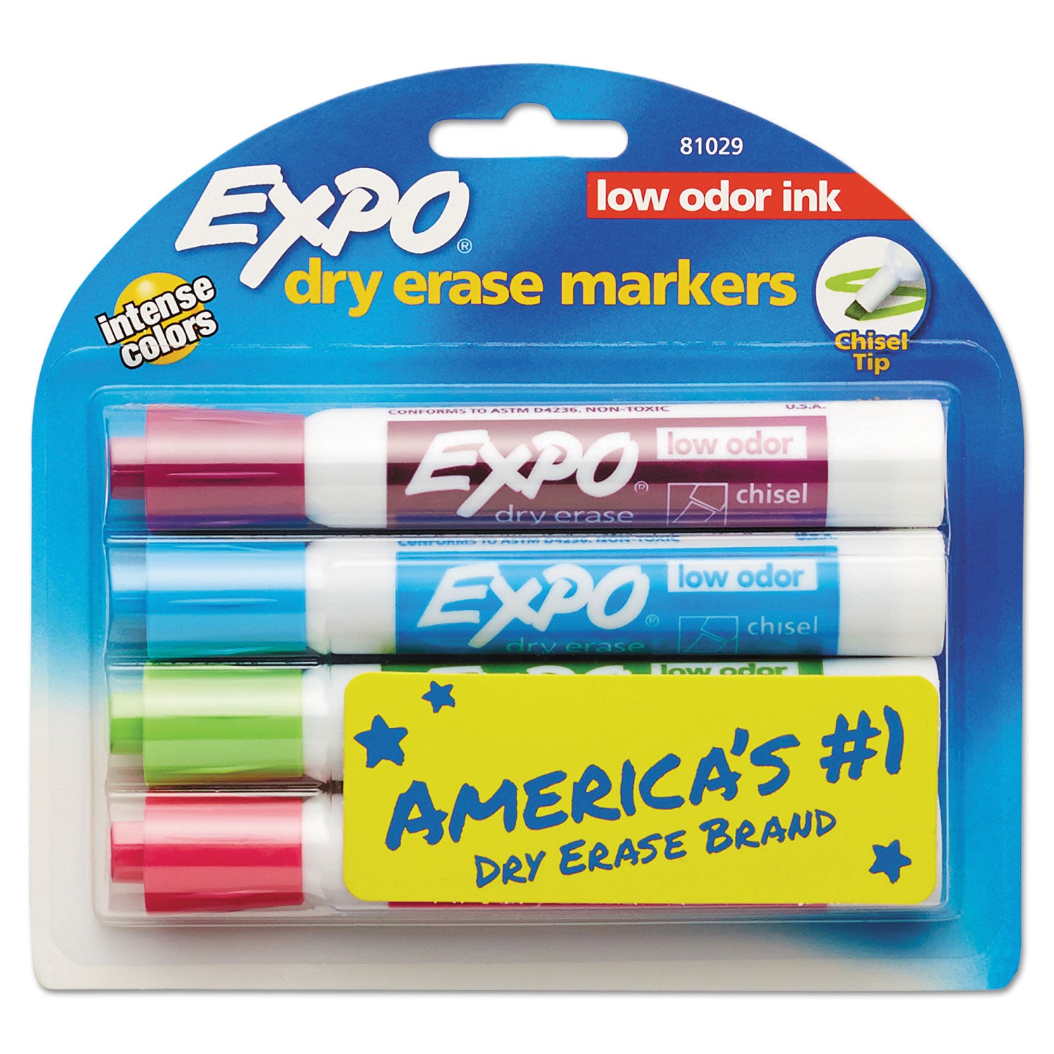 EXPO® Low-Odor Dry-Erase Marker, Broad Chisel Tip, Assorted Pastel Colors, 4/Set