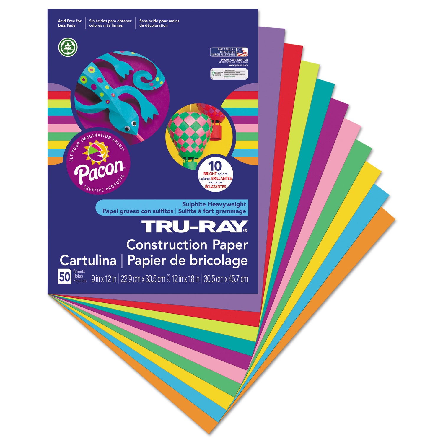 Pacon® Tru-Ray Construction Paper, 76 lb Text Weight, 9 x 12, Assorted Bright Colors, 50/Pack