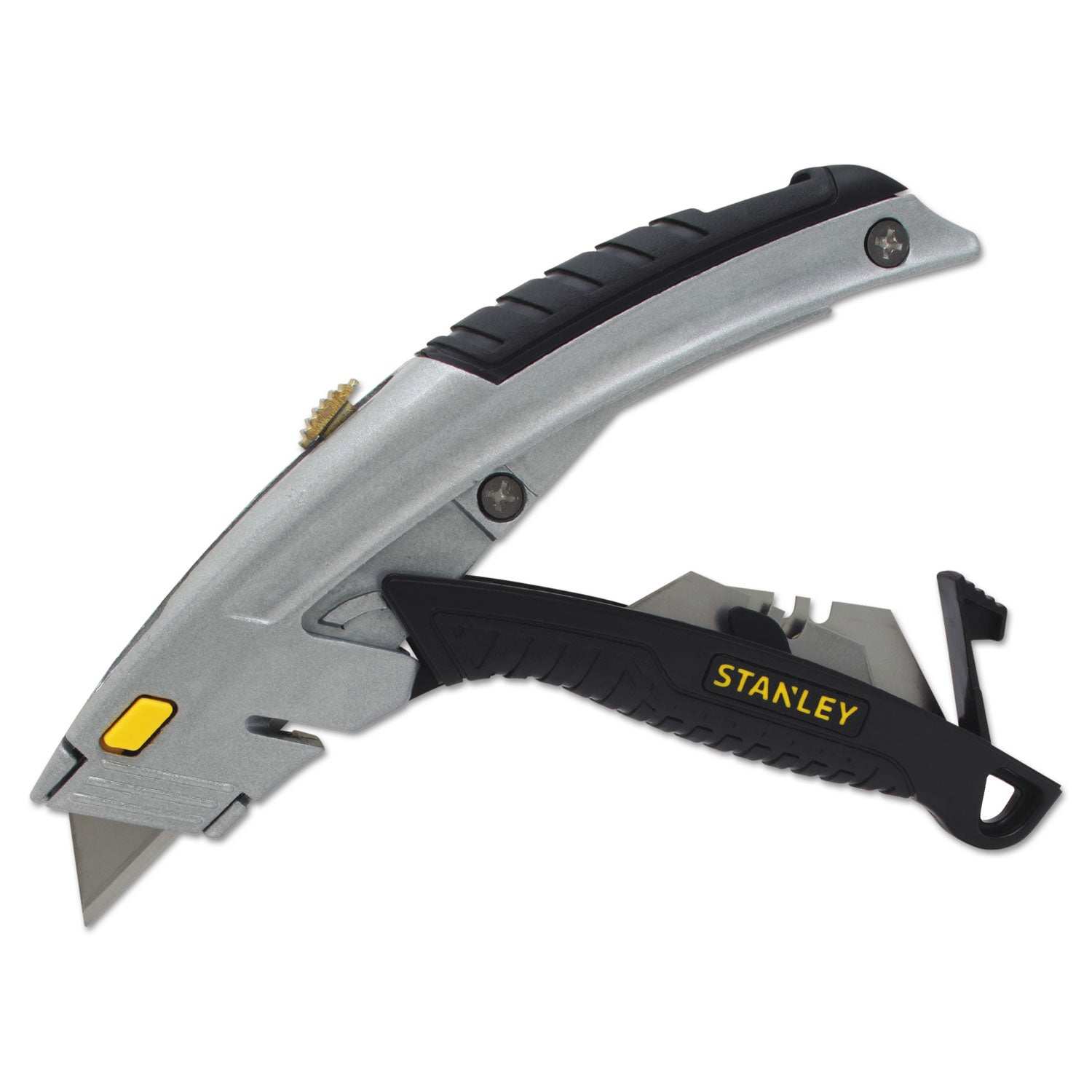 Stanley® Curved Quick-Change Utility Knife, Stainless Steel Retractable Blade, 3 Blades, 6.5" Metal Handle, Black/Chrome