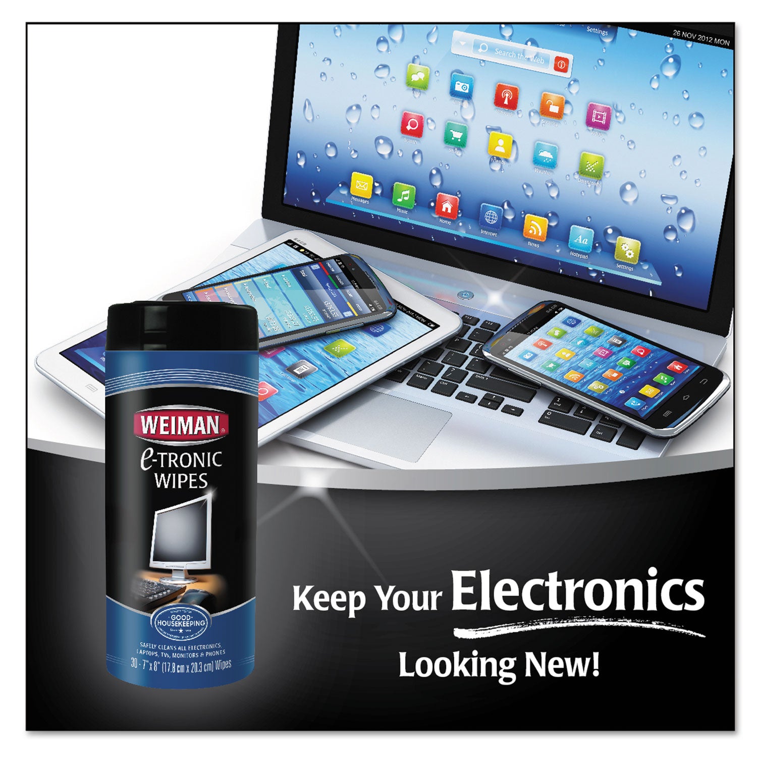 WEIMAN® E-tronic Wipes, 1-Ply, 7 x 8, White, 30/Canister