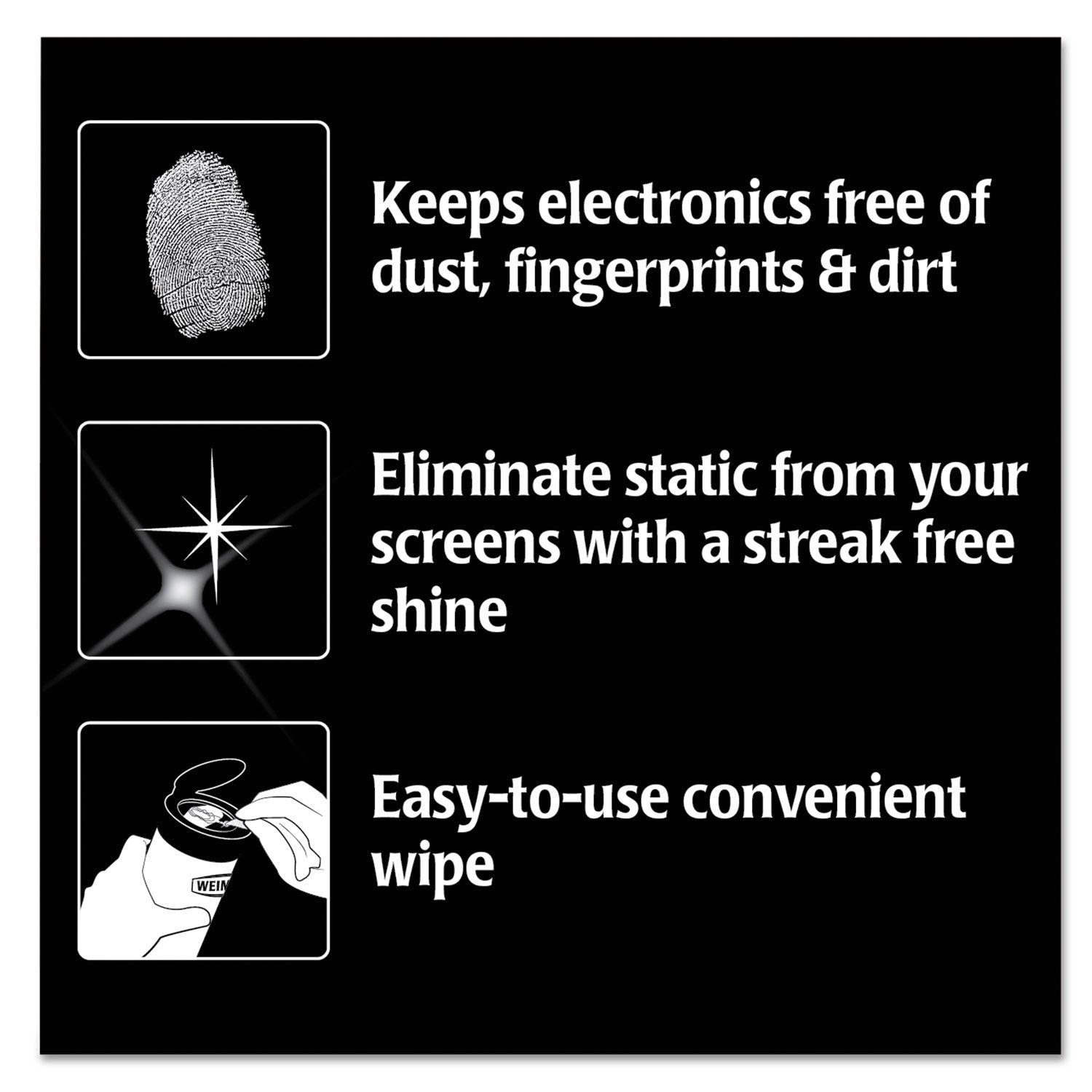 WEIMAN® E-tronic Wipes, 1-Ply, 7 x 8, White, 30/Canister