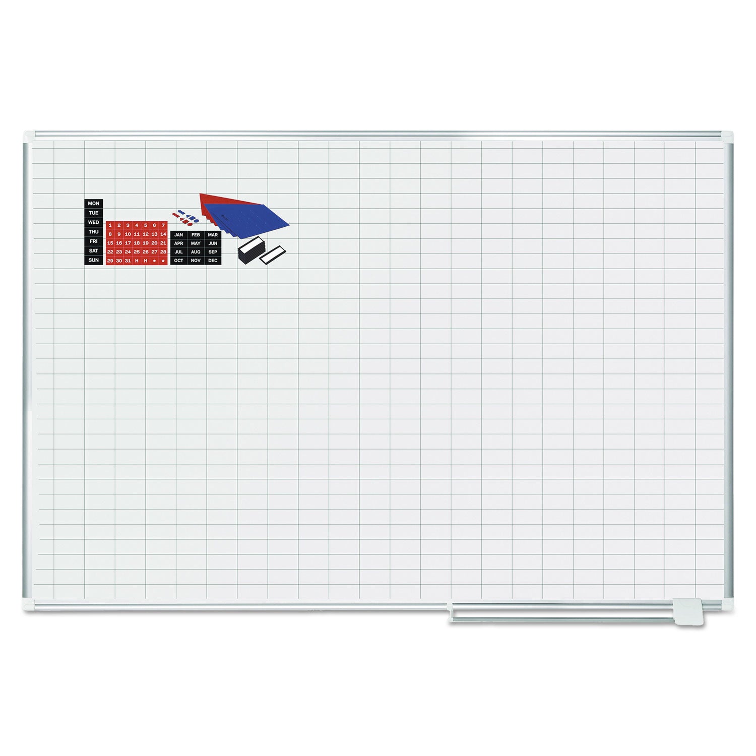 Gridded Magnetic Steel Dry Erase Planning Board with Accessories, 1 x 2 Grid, 72 x 48, White Surface, Silver Aluminum Frame