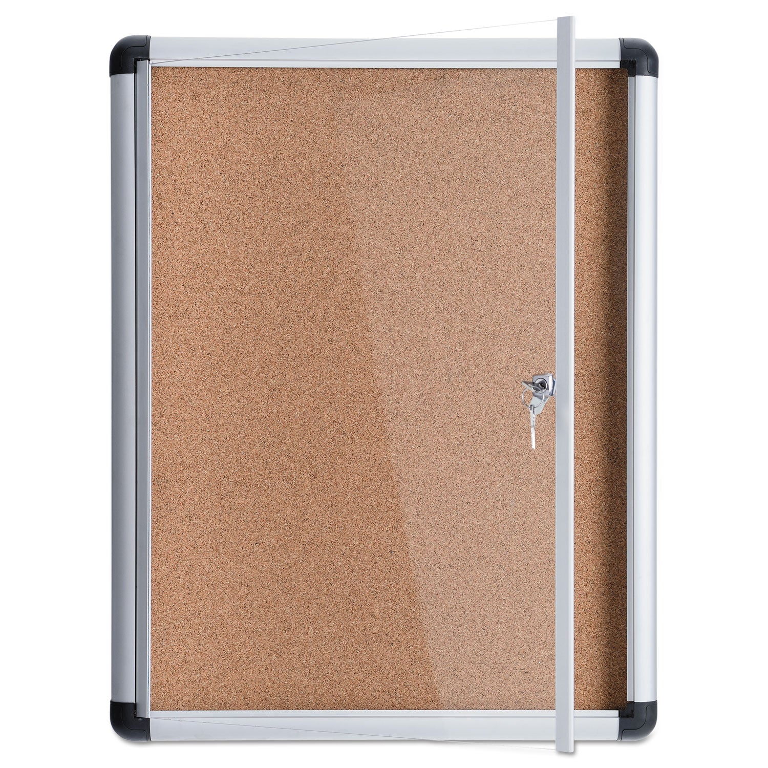 MasterVision® Slim-Line Enclosed Cork Bulletin Board with One Door, 28" x 38", Tan Surface, Satin Aluminum Frame