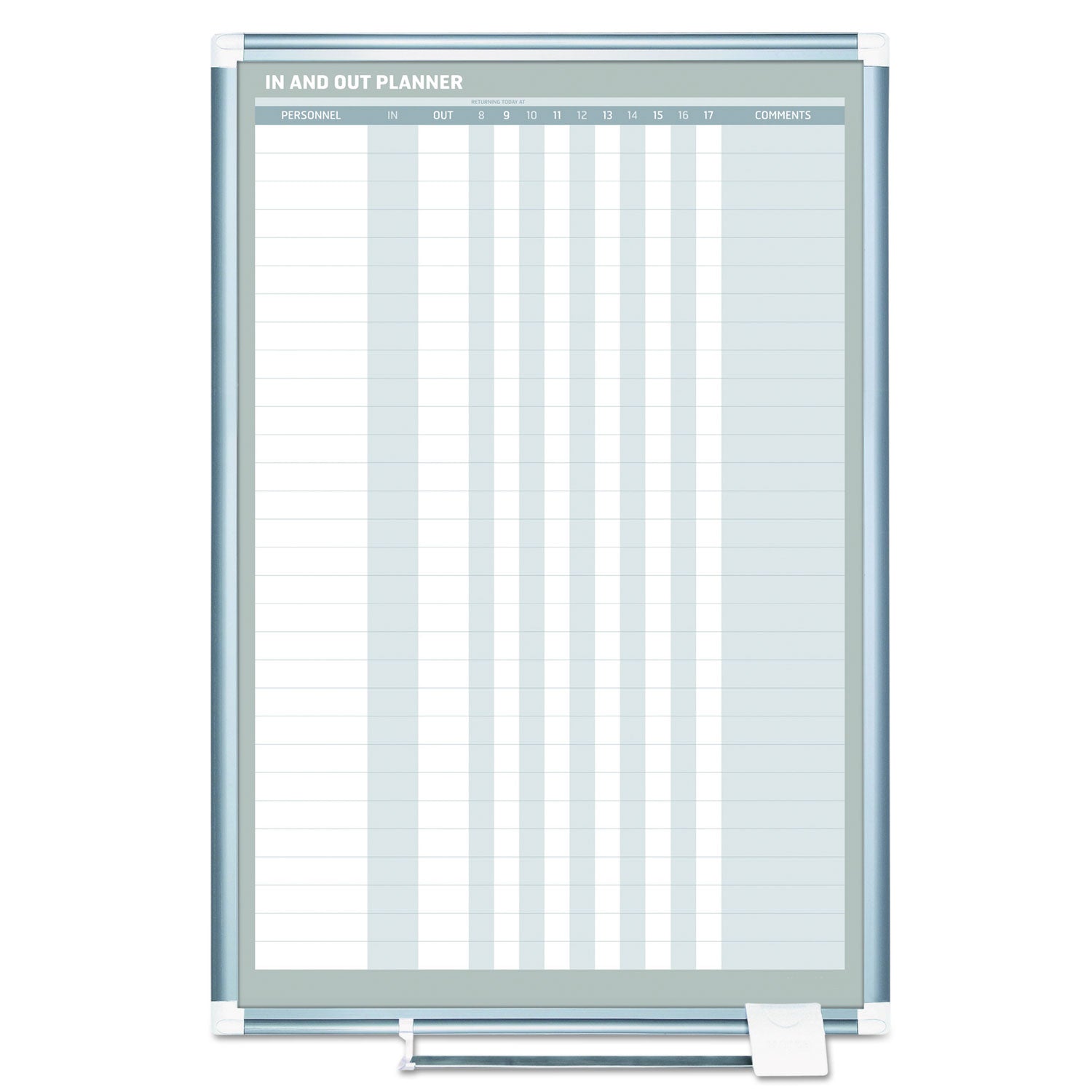 MasterVision® In-Out Magnetic Dry Erase Board, 30-Person Tracking, 24" x 36", White Surface, Satin Aluminum Frame