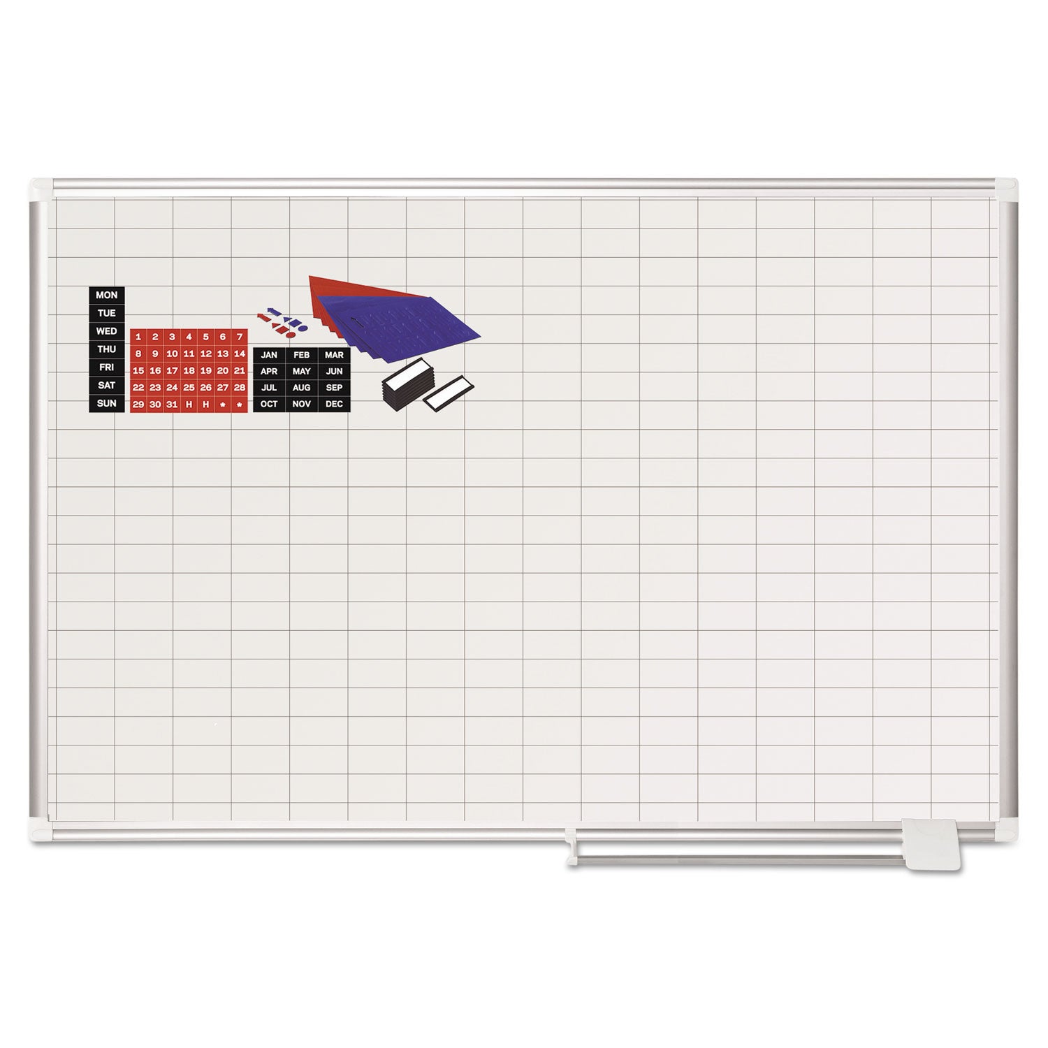 MasterVision® Gridded Magnetic Steel Dry Erase Project Planning Board, 1" x 2" Cells, 48" x 36", White Surface, Satin Aluminum Frame
