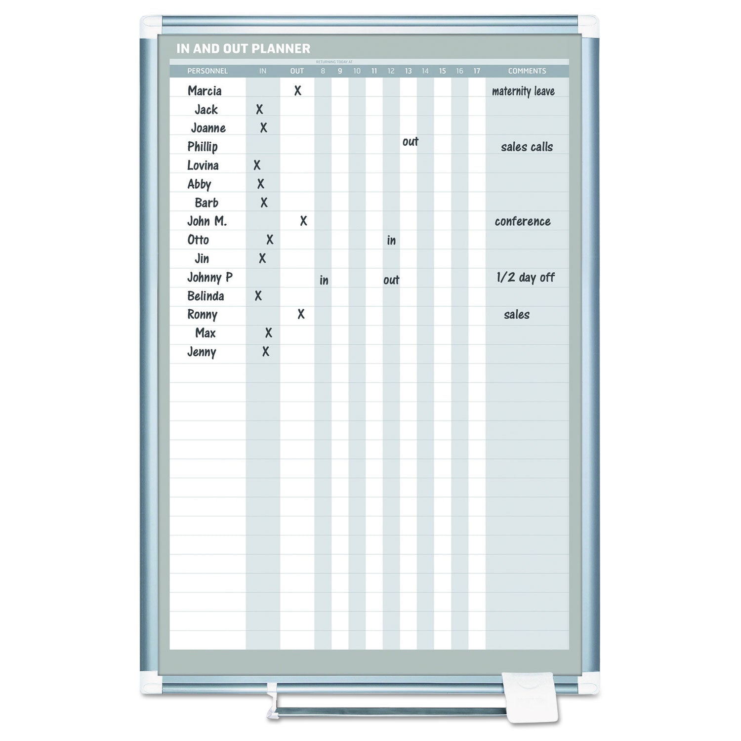 MasterVision® In-Out Magnetic Dry Erase Board, 30-Person Tracking, 24" x 36", White Surface, Satin Aluminum Frame