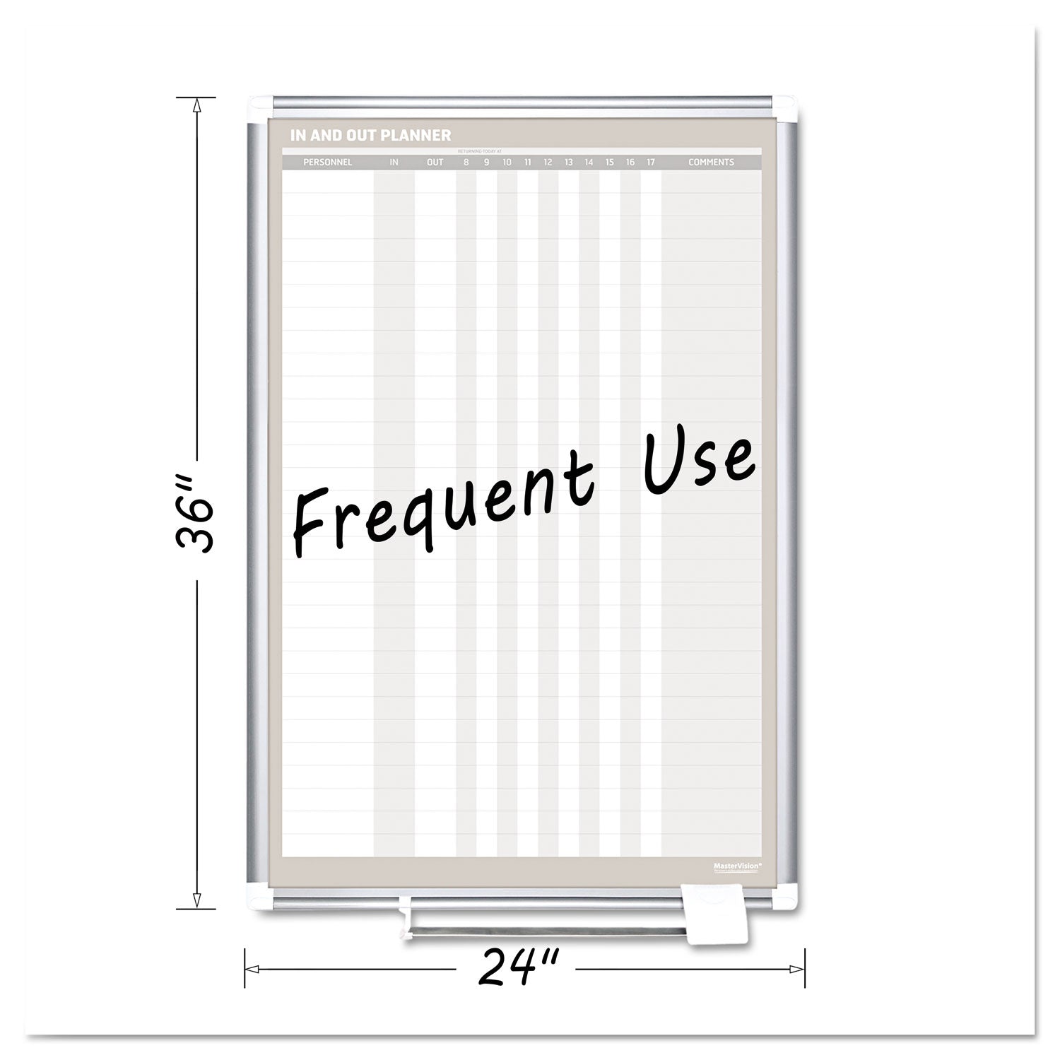 MasterVision® In-Out Magnetic Dry Erase Board, 30-Person Tracking, 24" x 36", White Surface, Satin Aluminum Frame