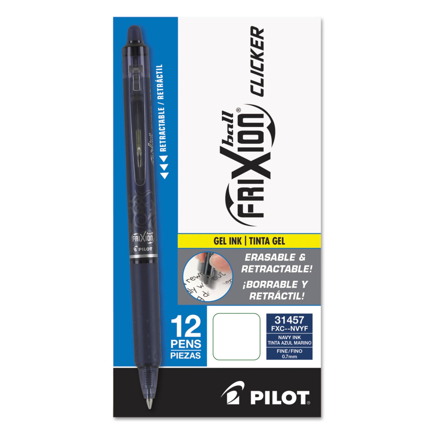 Pilot® Frixion Clicker Erasable Gel Pen, Retractable, Fine 0.7 Mm, Navy Ink, Navy Barrel
