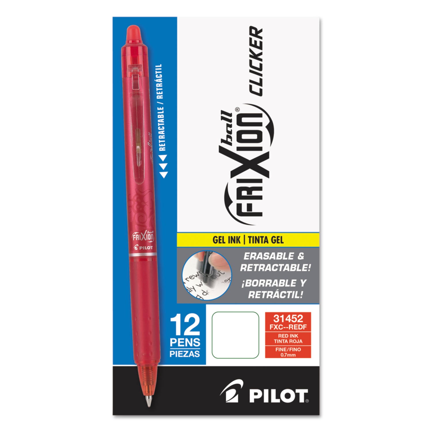 Pilot® Frixion Clicker Erasable Gel Pen, Retractable, Fine 0.7 Mm, Red Ink, Red Barrel