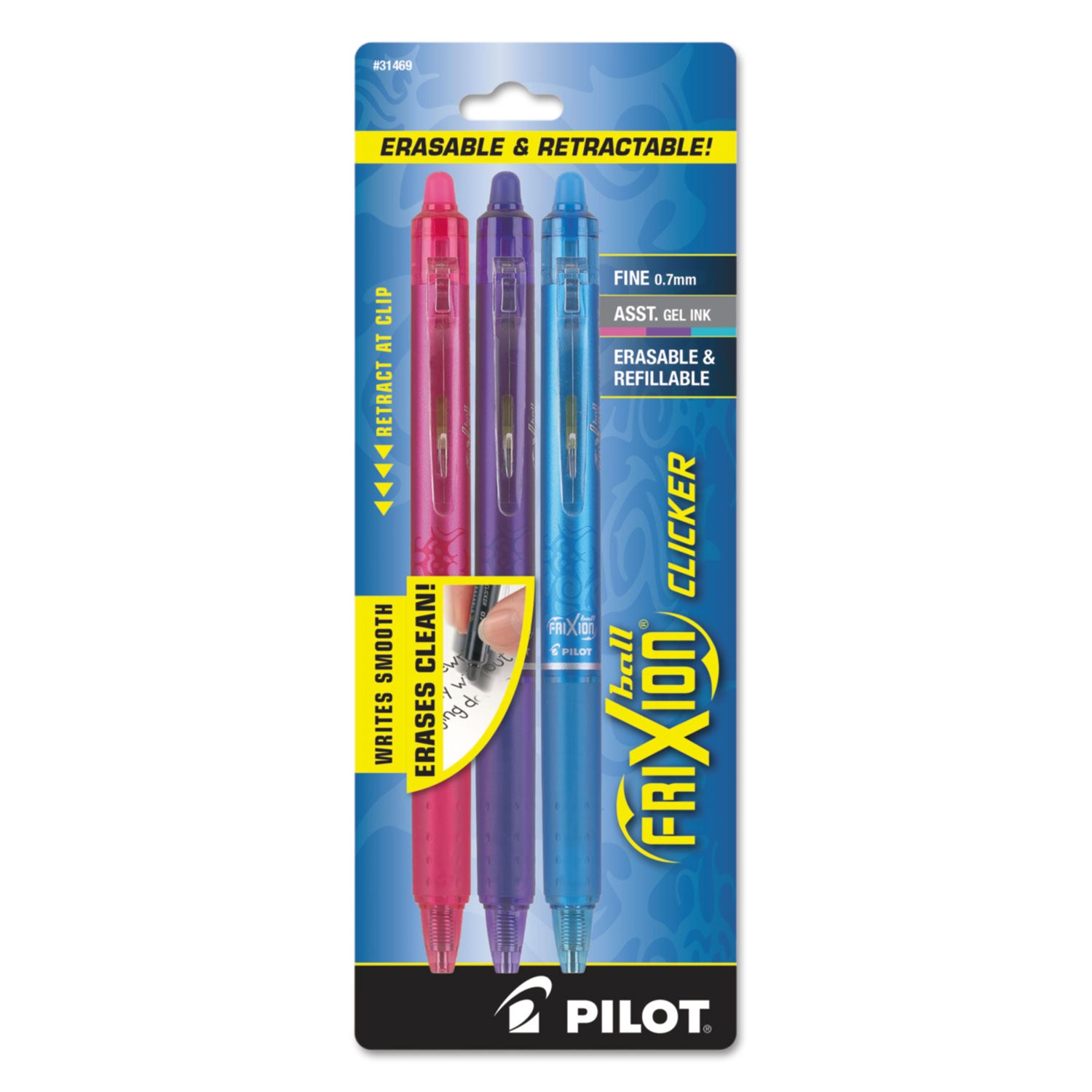 Pilot® FriXion Clicker Erasable Gel Pen, Retractable, Fine 0.7 mm, Assorted Ink and Barrel Colors, 3/Pack