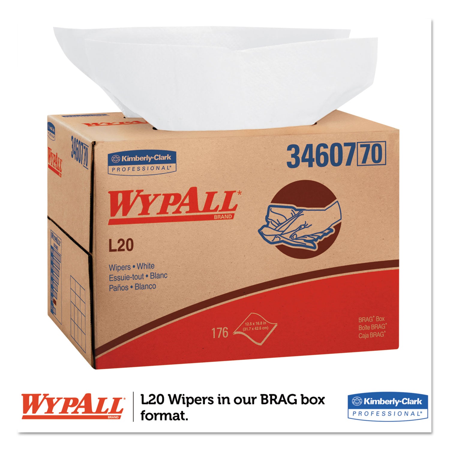 WypAll® L20 Towels, BRAG Box, Multi-Ply, 12.5 x 16.8, Unscented, White, 176/Box