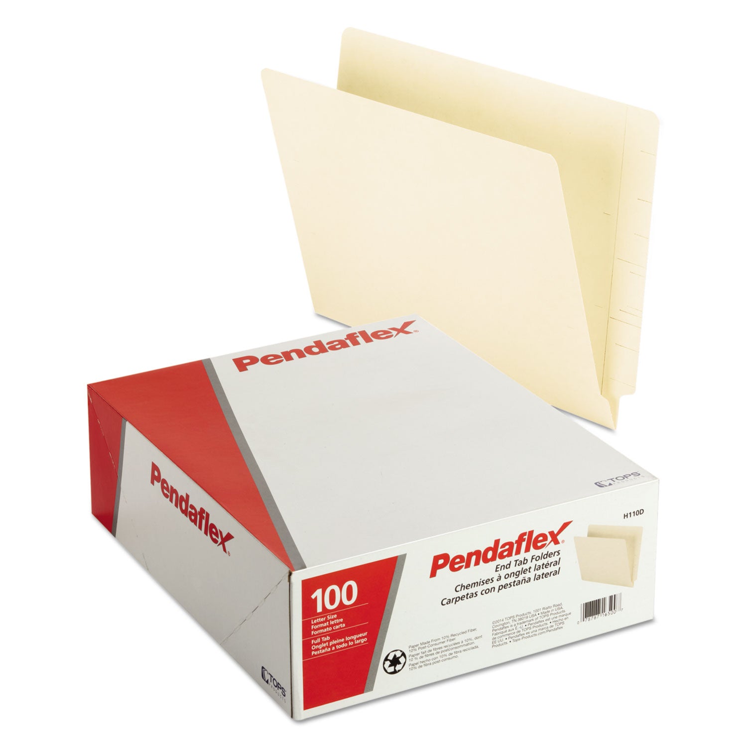 Pendaflex® Manila End Tab Folders, 9.5" High Front, Straight 2-Ply Tabs, Letter Size, Manila, 100/Box