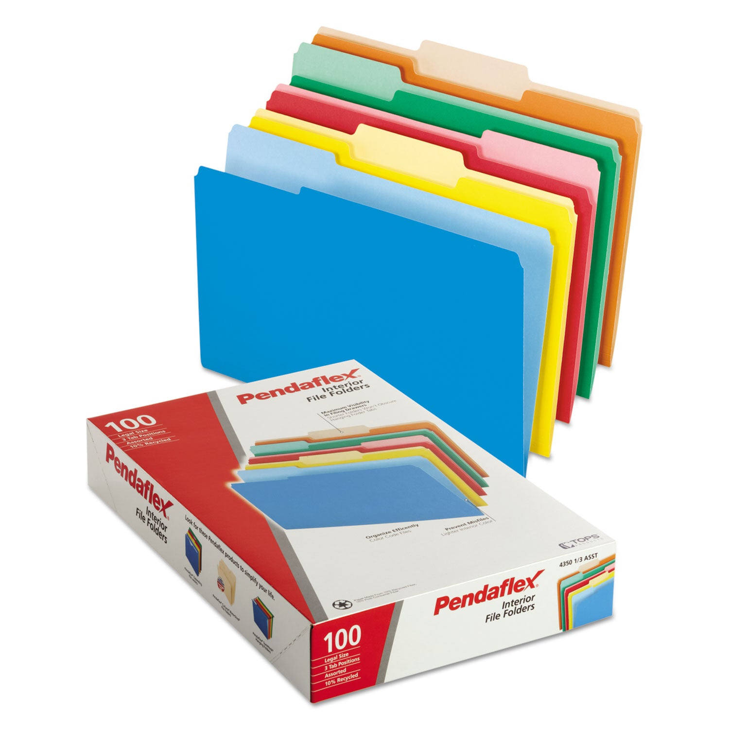 Pendaflex® Interior File Folders, 1/3-Cut Tabs: Assorted, Legal Size, Assorted Colors, 100/Box