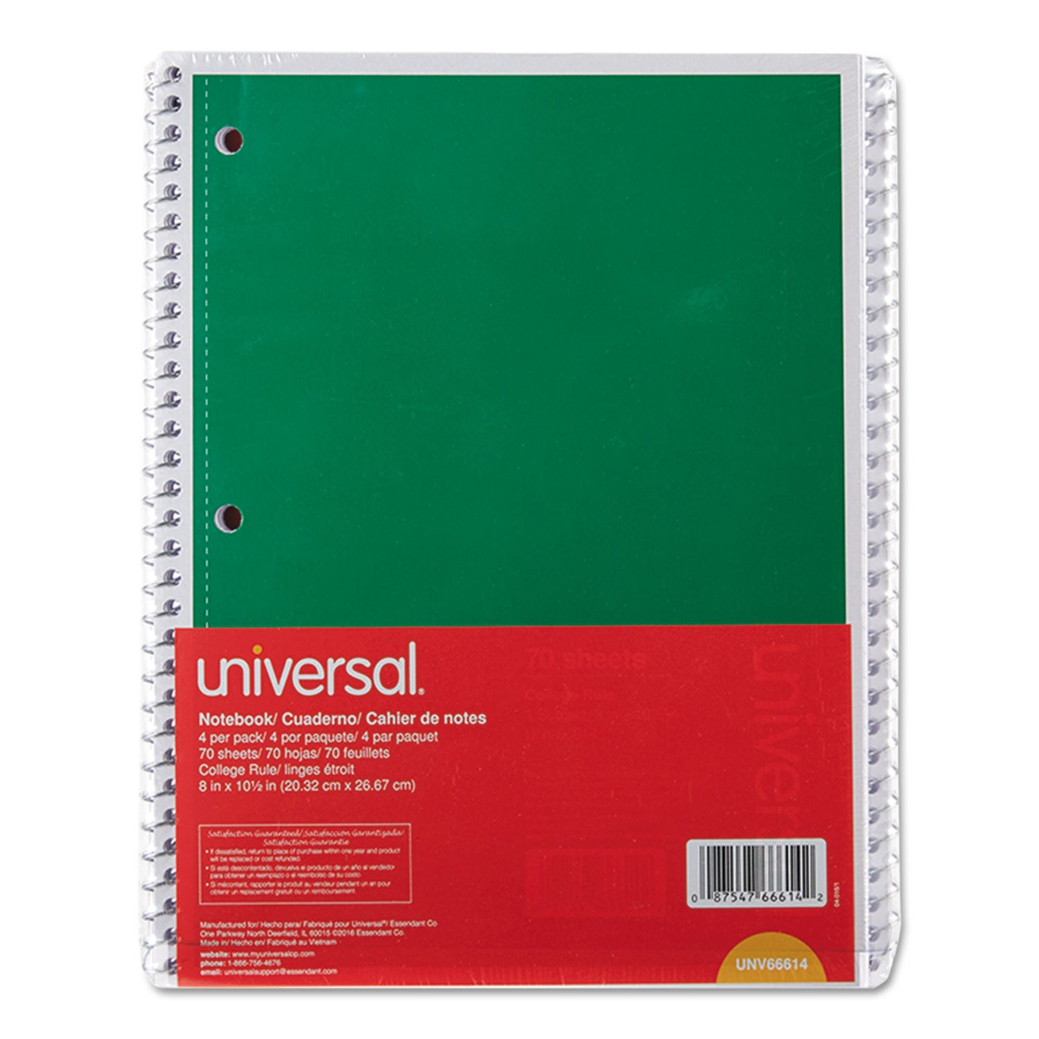 Universal® Wirebound Notebook, 1-Subject, Medium/College Rule, Assorted Cover Colors, (70) 10.5 x 8 Sheets, 4/Pack