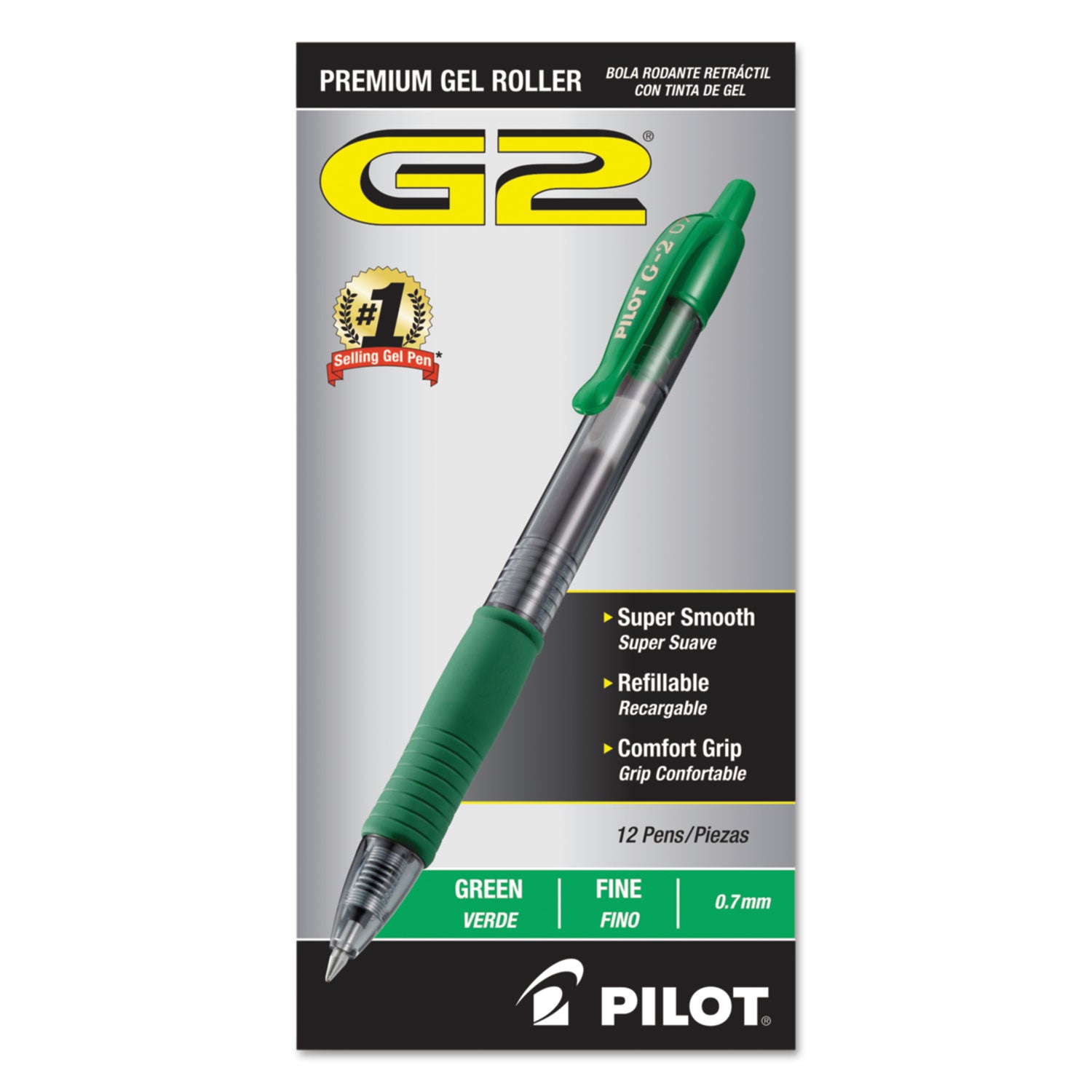 Pilot® G2 Premium Gel Pen, Retractable, Fine 0.7 mm, Green Ink, Smoke/Green Barrel, Dozen