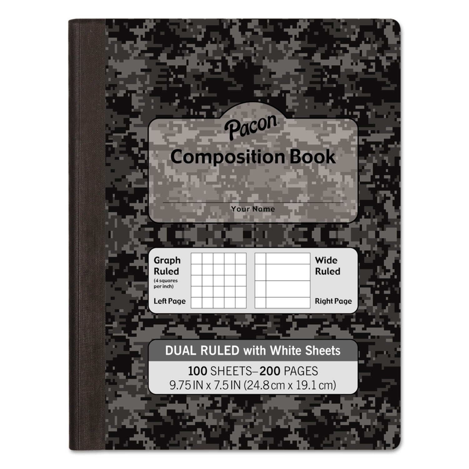Composition Book, 20 lb Bond Weight Sheets, Wide/Legal Rule, Black Cover, (100) 9.75 x 7.5 Sheets