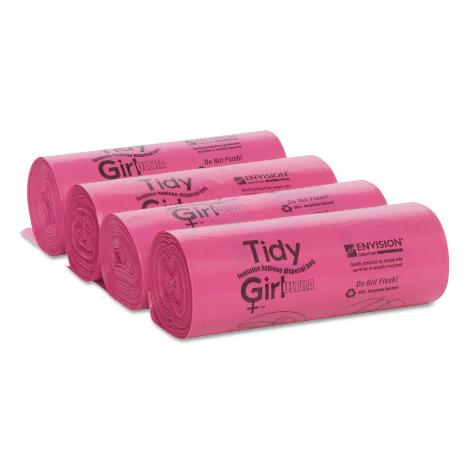Tidy Girl™ Feminine Hygiene Sanitary Disposal Bags, 4" x 4" x 10", Pink/Black, 150 Bags/Roll, 4 Rolls/Carton