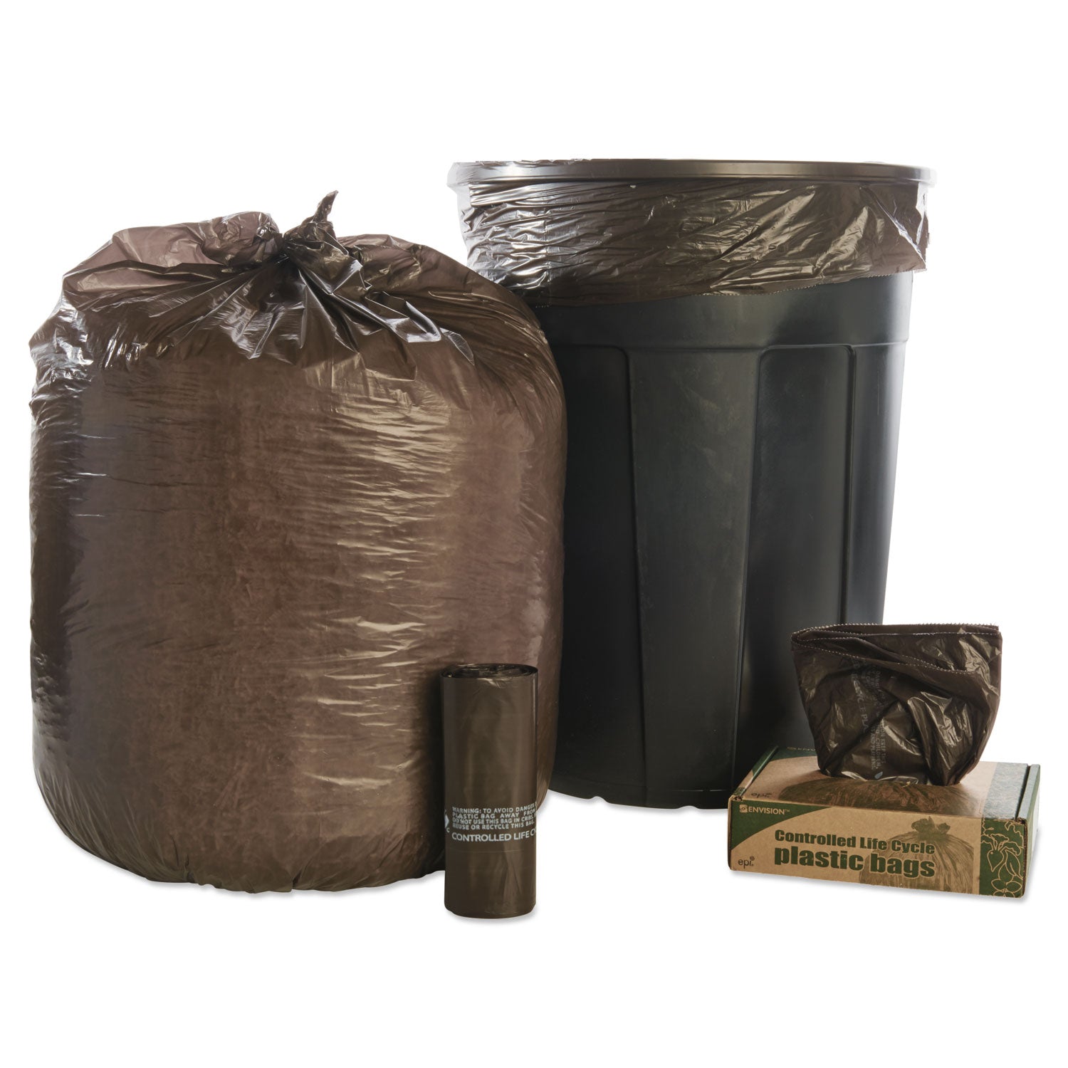 Stout® by Envision™ Controlled Life-Cycle Plastic Trash Bags, 39 Gal, 1.1 Mil, 33" X 44", Brown, 40/box