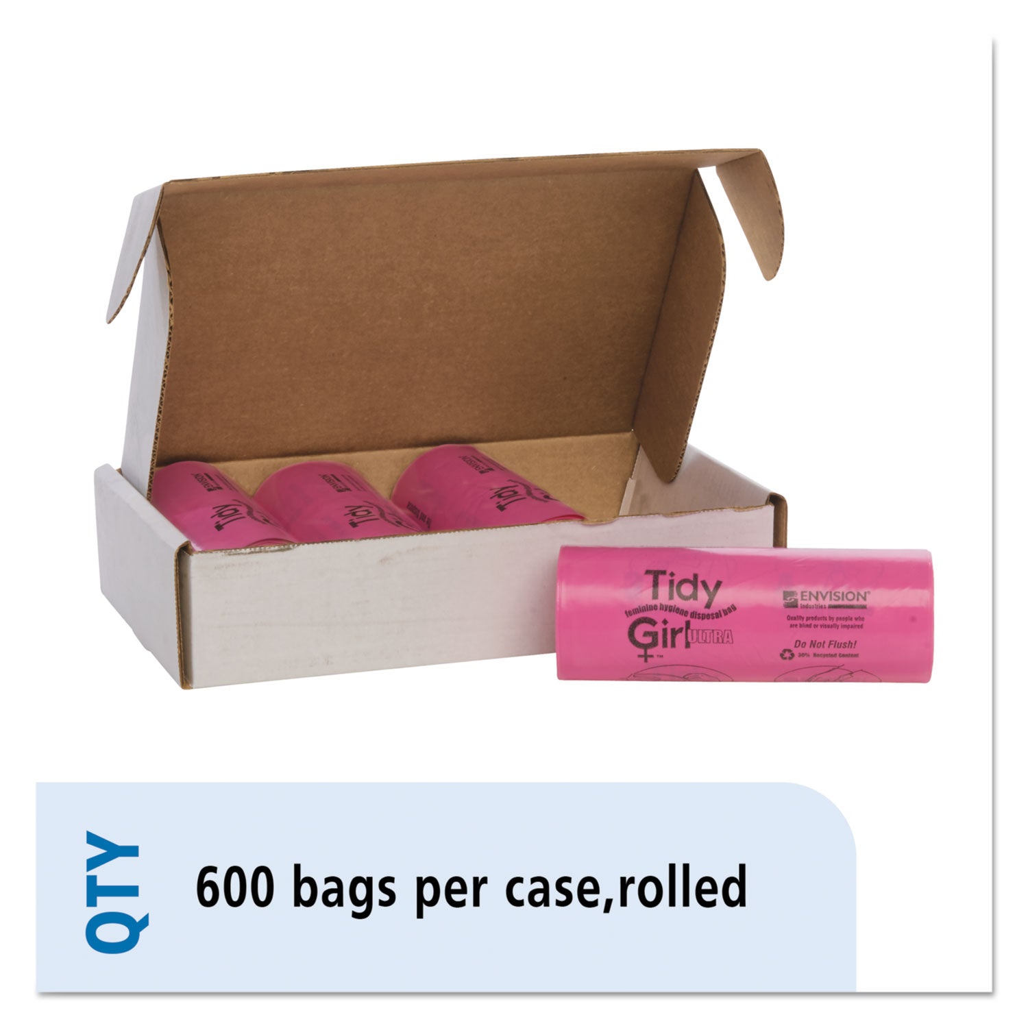 Tidy Girl™ Feminine Hygiene Sanitary Disposal Bags, 4" x 4" x 10", Pink/Black, 150 Bags/Roll, 4 Rolls/Carton