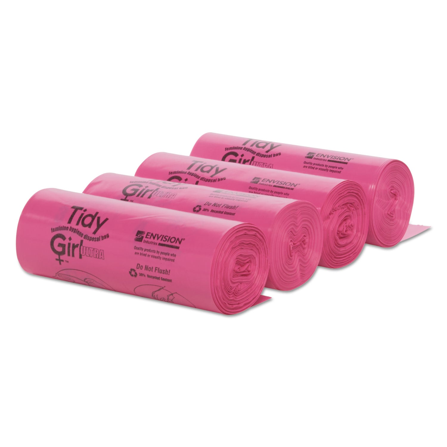 Tidy Girl™ Feminine Hygiene Sanitary Disposal Bags, 4" x 4" x 10", Pink/Black, 150 Bags/Roll, 4 Rolls/Carton