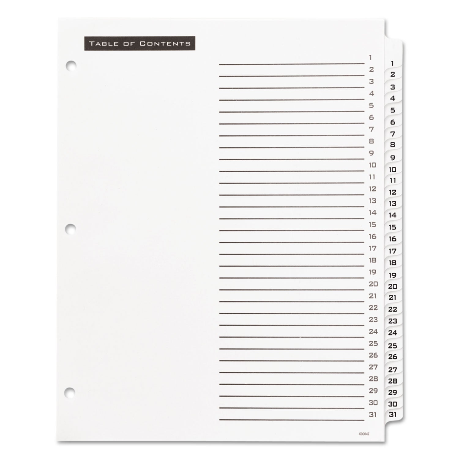 Office Essentials™ Table 'n Tabs Dividers, 31-Tab, 1 to 31, 11 x 8.5, White, White Tabs, 1 Set